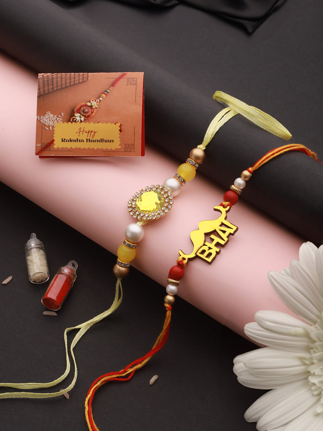 Set Of 2 Red Gold BHAI Thread Rakhi With Roli Chawal Pooja Plate