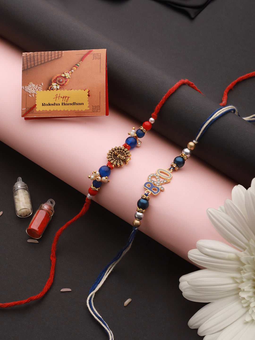 Set Of 2 Stone & Crystal studded BRO Thread Rakhi With Tilak
