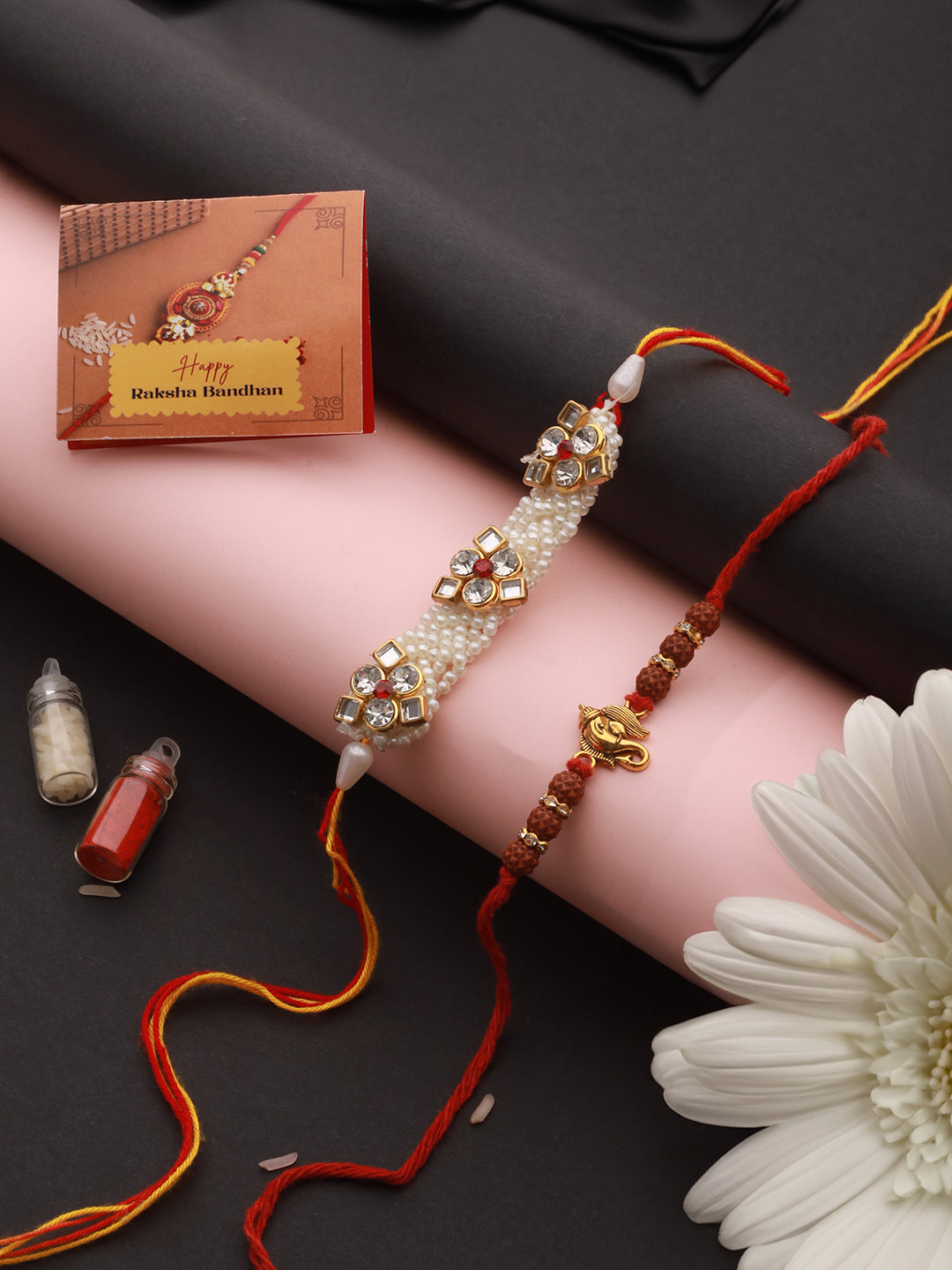 Set Of 2 Handcrafted  Ganesh Rudraksh & Pearl Beaded Combo Thread Moli  Rakhi Wth Roli Chawal