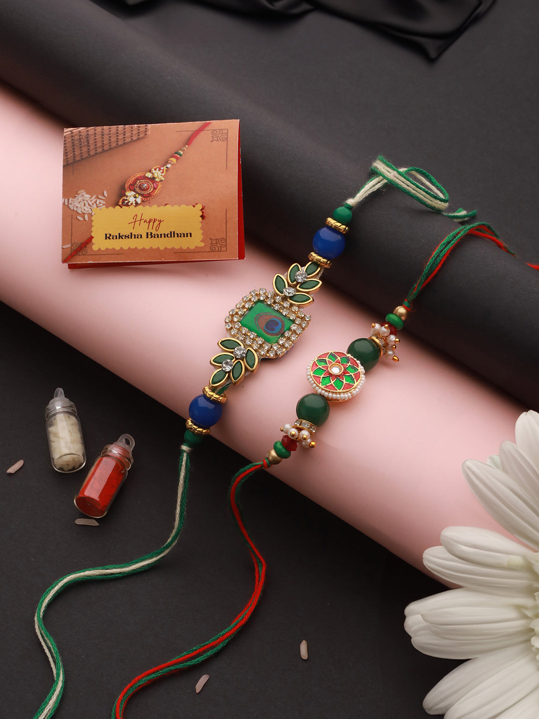 Set Of 2   Kundan Green Meenakari  Peacock Designer Rakhi With Roli Chawal