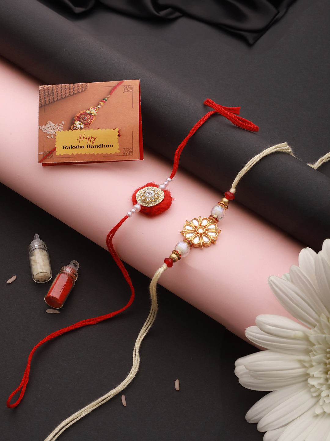 Set Of 2 Kundan Studded & Pearl Beaded Traditional  Thread Rakhi With Roli Tilak