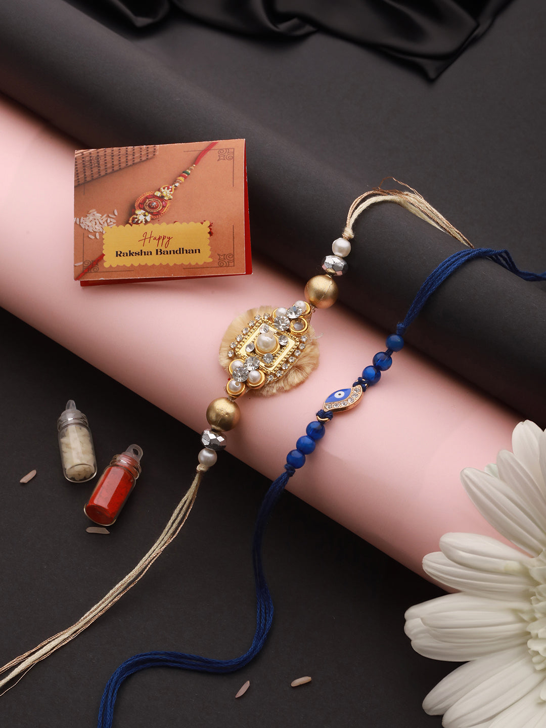 Set Of 2 Evil Eye & Stone Studded Traditional Handcrafted Thread  Rakhi With Roli Chawal