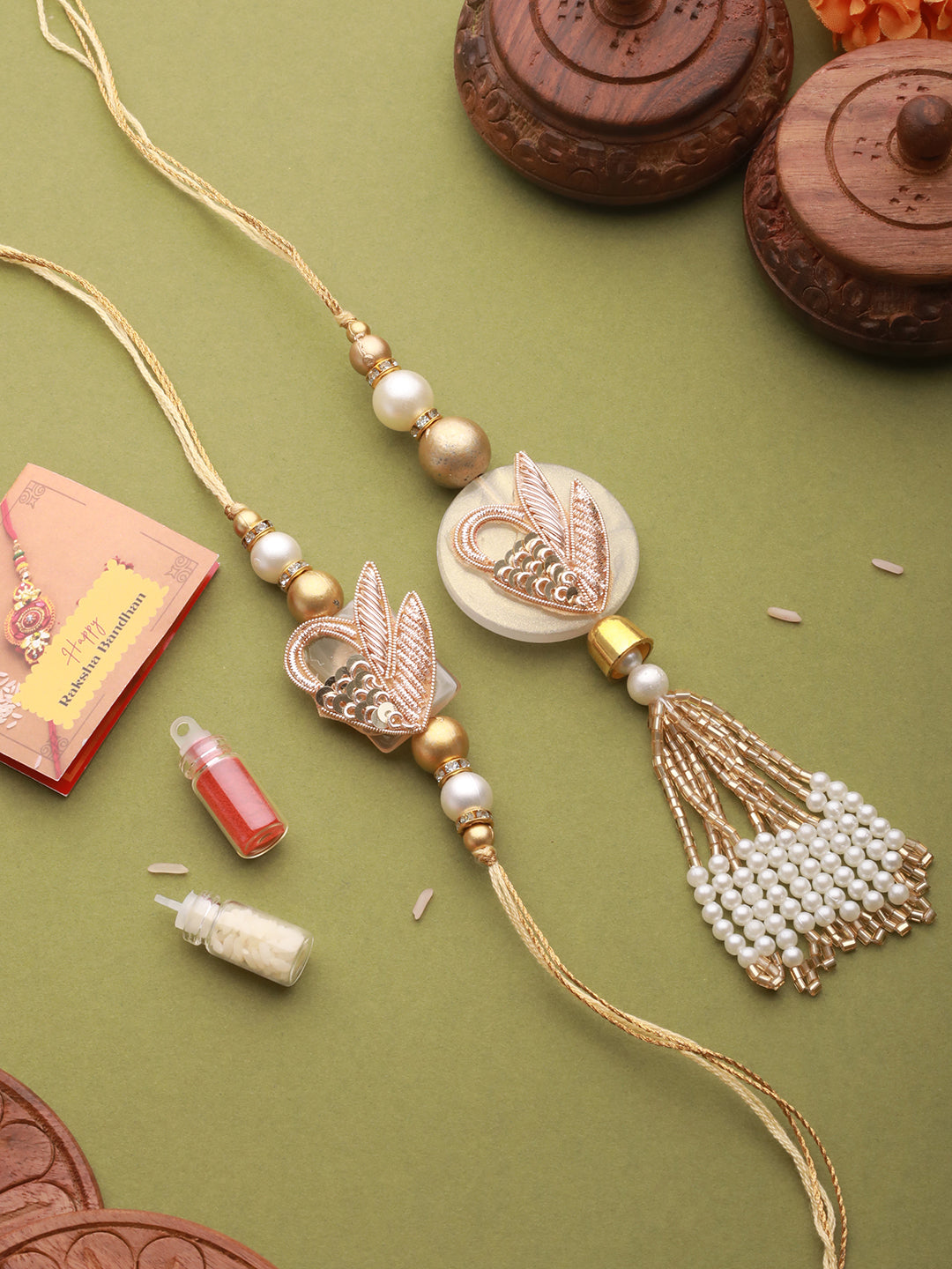 Set Of 2 Zardozi & Pearl Beaded  Ethnic Designer Lumba Rakhi Set With Roli Chawal