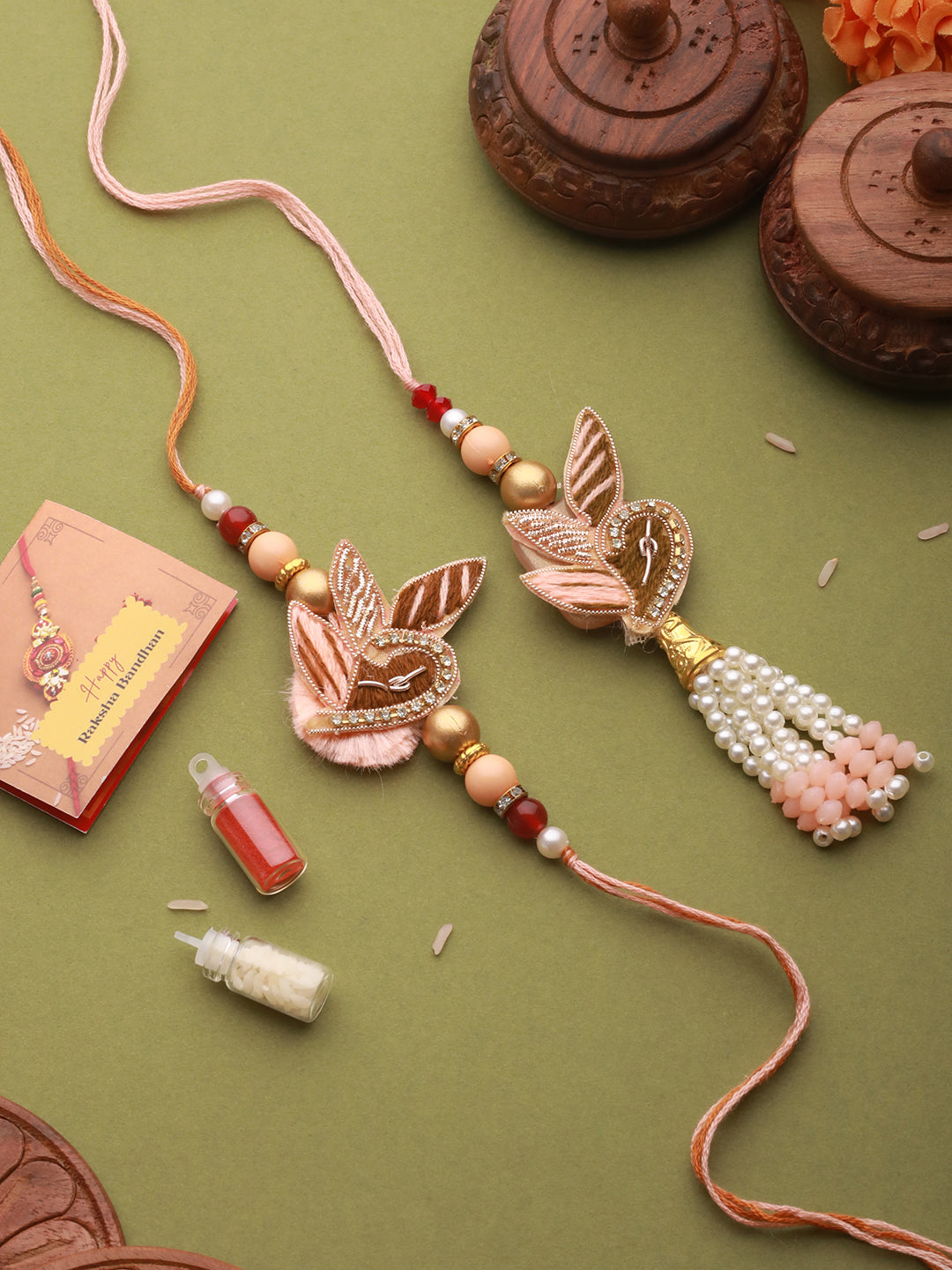 Set Of 2 Designer Zardozi Contemporary Handcrafted Lumba Rakhi Set For Bhaiya & Bhabhi