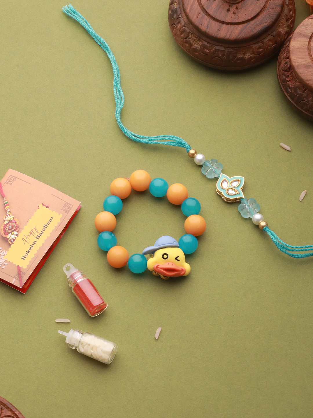 Set Of 2 Flower & Cute Duck  Bracelet Kids Rakhi For Boys & Girls with Roli Chawal