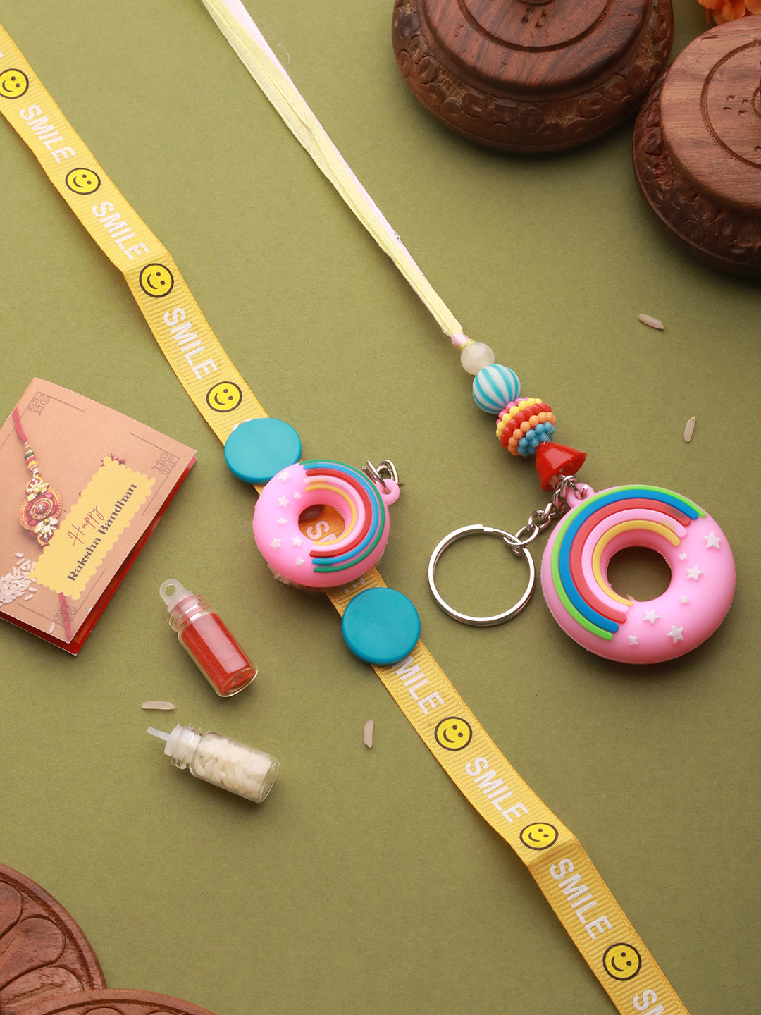 Set Of 2 Boy & Girl Donut  Key Chain Toy Rakhi Set with Roli Chawal