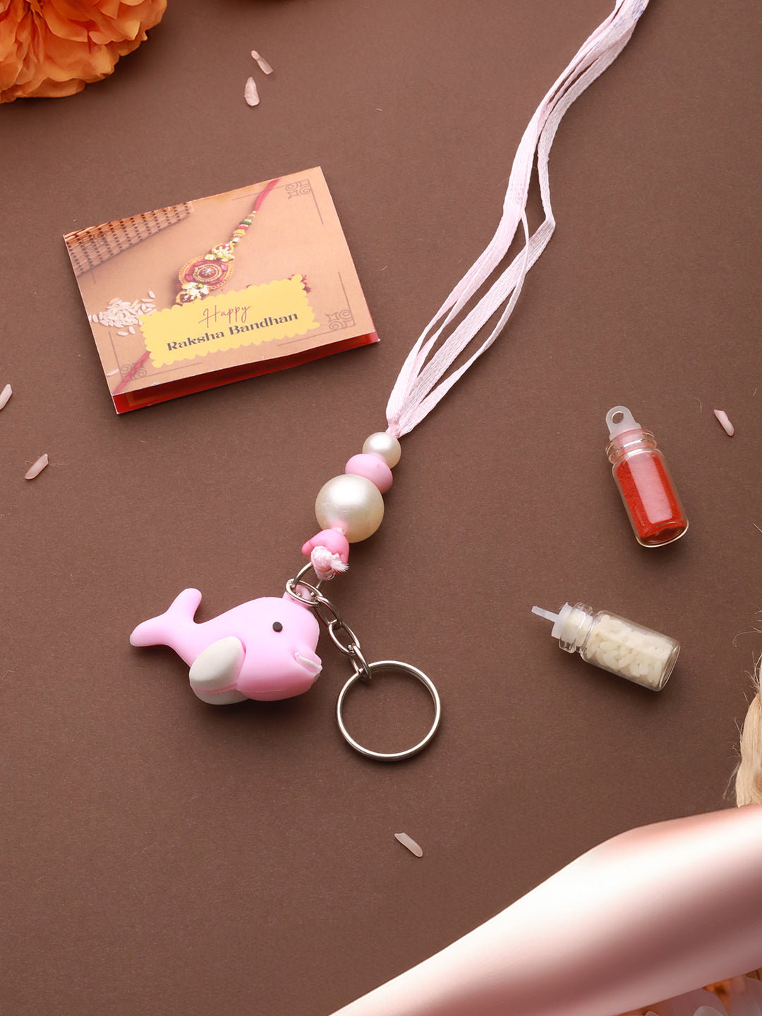Pink Fish Key Chain Toy Rakhi For Girls With Roli Chawal