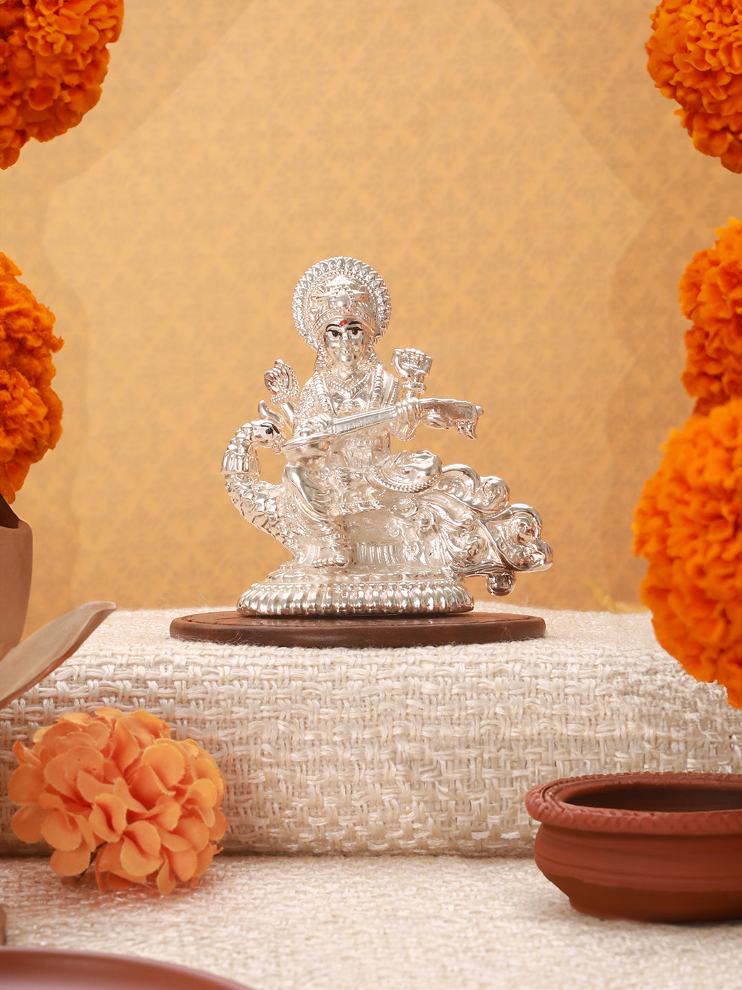 999 Pure Silver Divine Intricate  Maa Swaraswati  Veena Vadini Puja Silver Idol