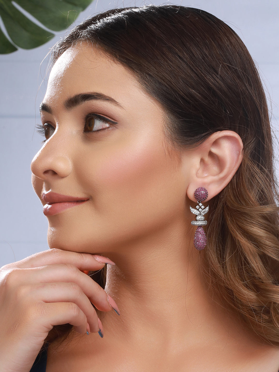 Red Ruby Studded Statement Oval Drop  Earring