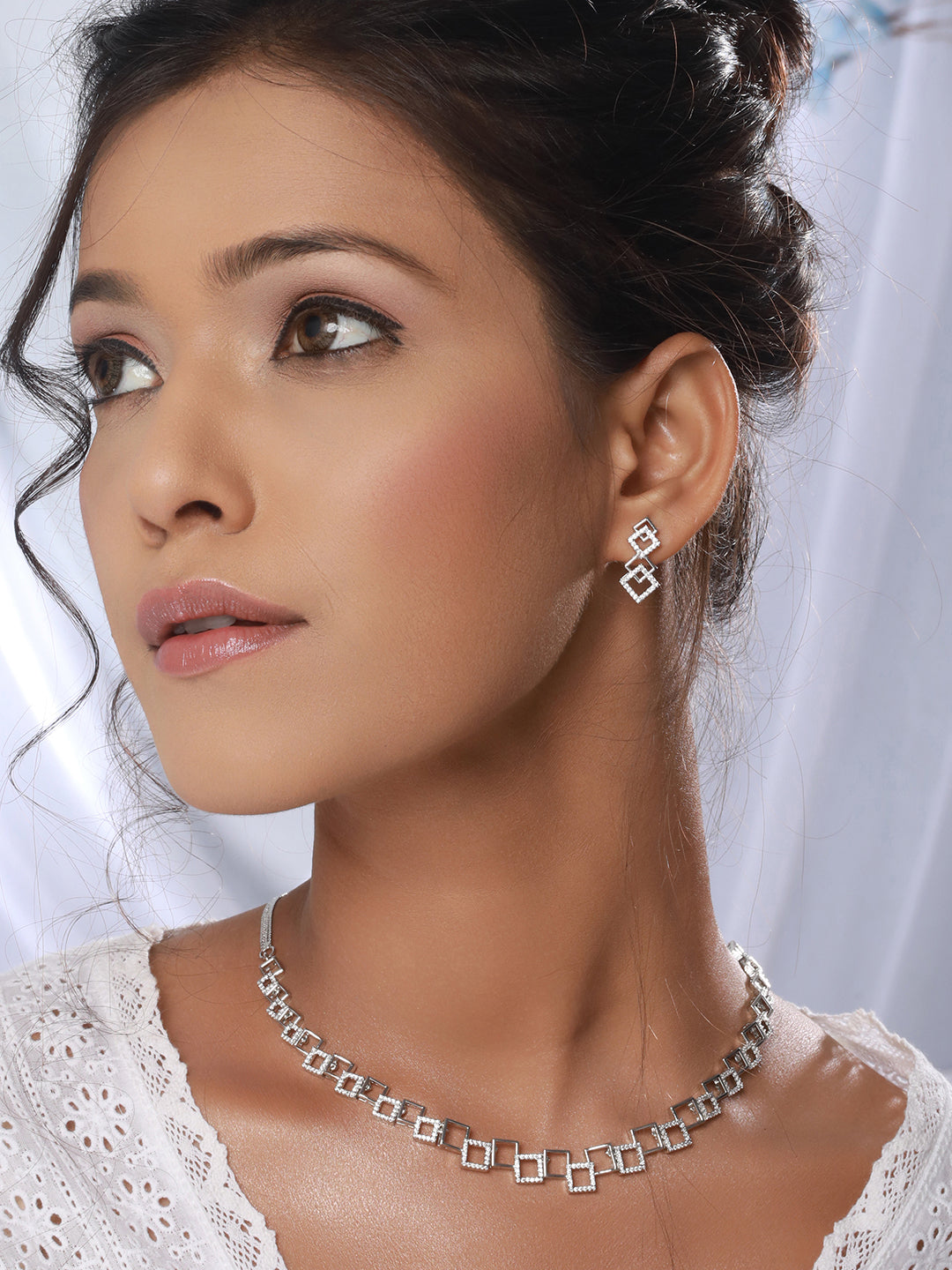 Silver Plated AD Studded Minimal Geometric Necklace Jewellery  Set