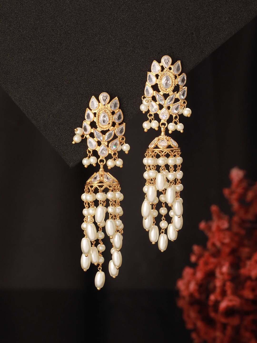 24K Gold Plated Kundan Studded Pearl Beaded Dropdown Minimal Lightweight Earring