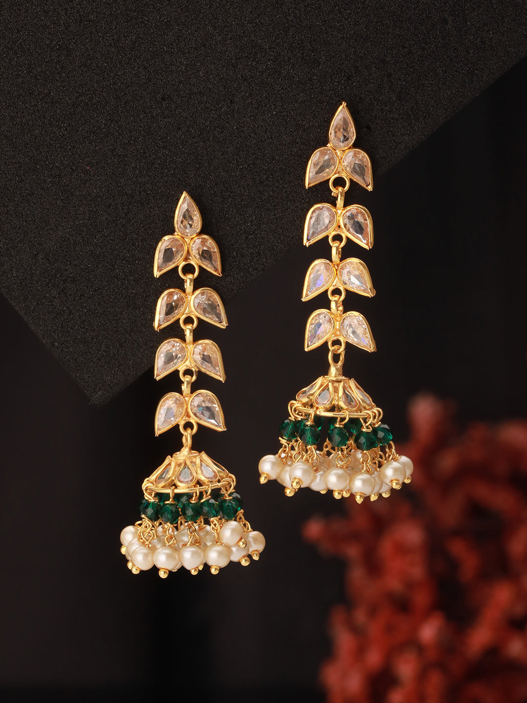 24K Gold Plated Zircon Studded Pearl Beaded Dropdown Minimal lightweight Jhumka Earrings