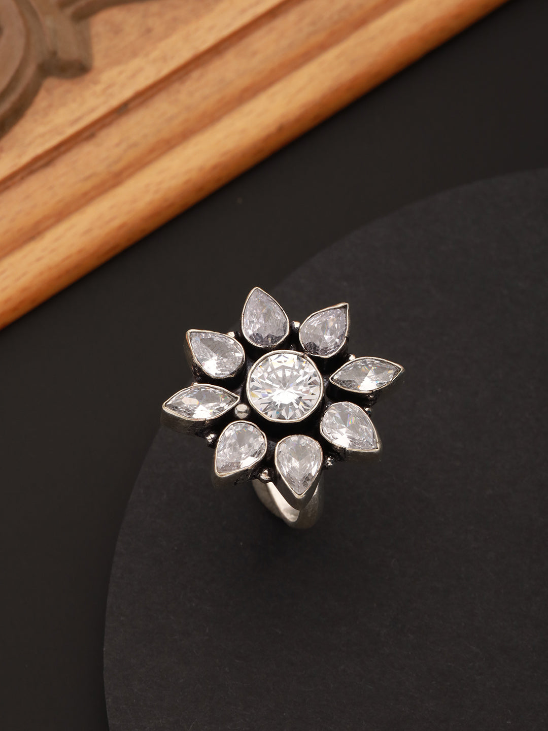 Silver Oxidised  White Stones Studded Adjustable Finger Ring