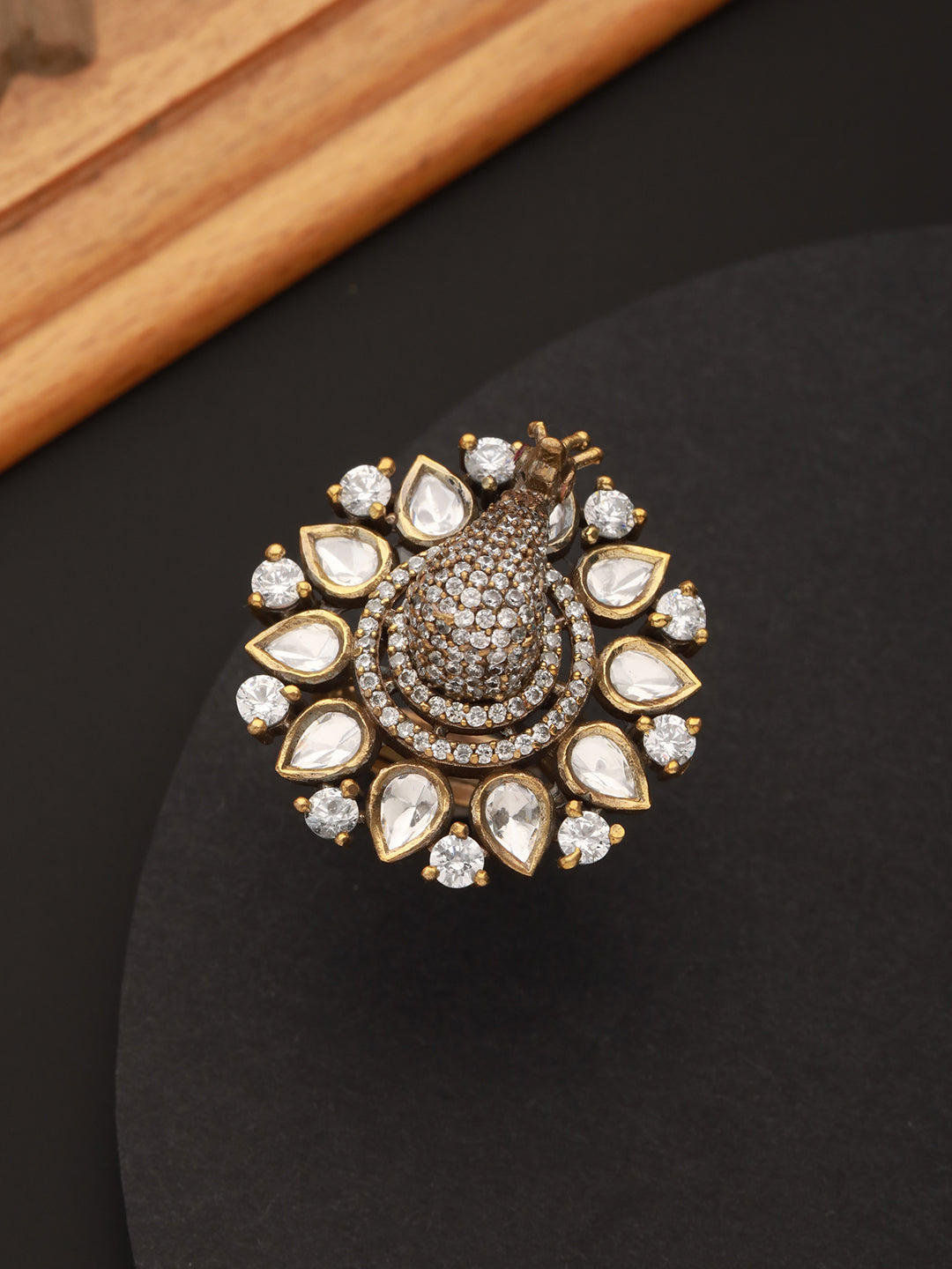 Black Gold Plated AD Kundan Peacock Finger Ring
