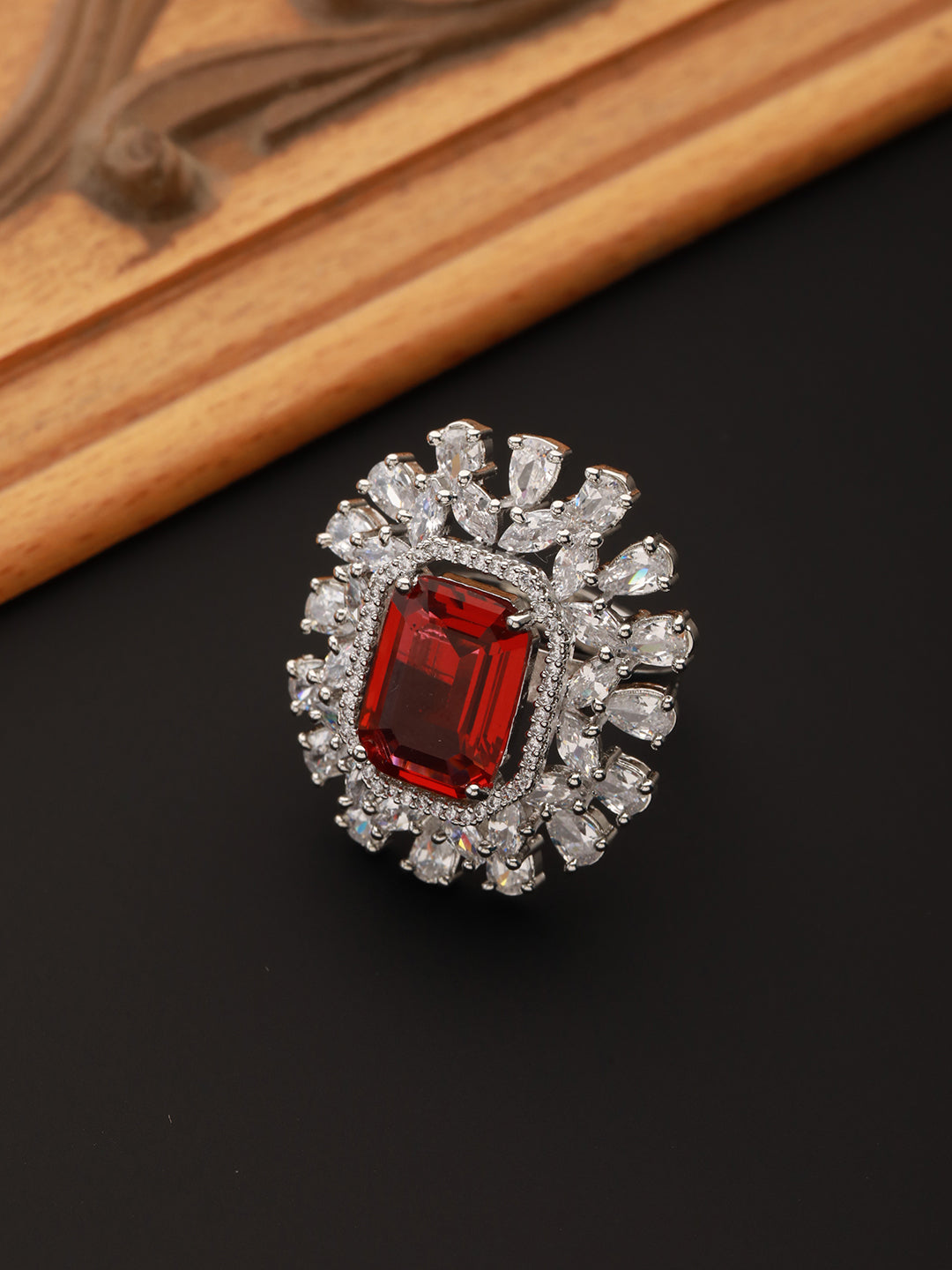 Silver Plated Red CZ Studded  Designer Adjustable Cocktail Finger Ring