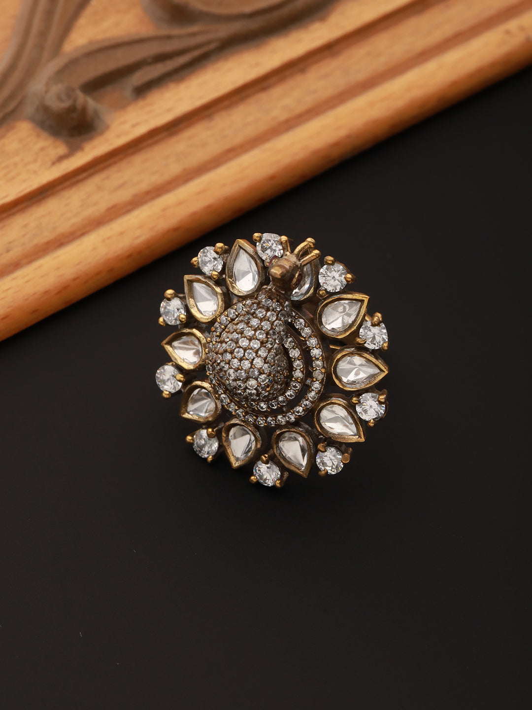 Black Gold Plated AD Kundan Peacock Finger Ring