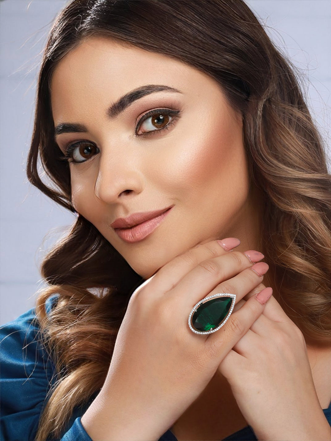 Silver Toned Green Zircon Minimal Finger  Ring