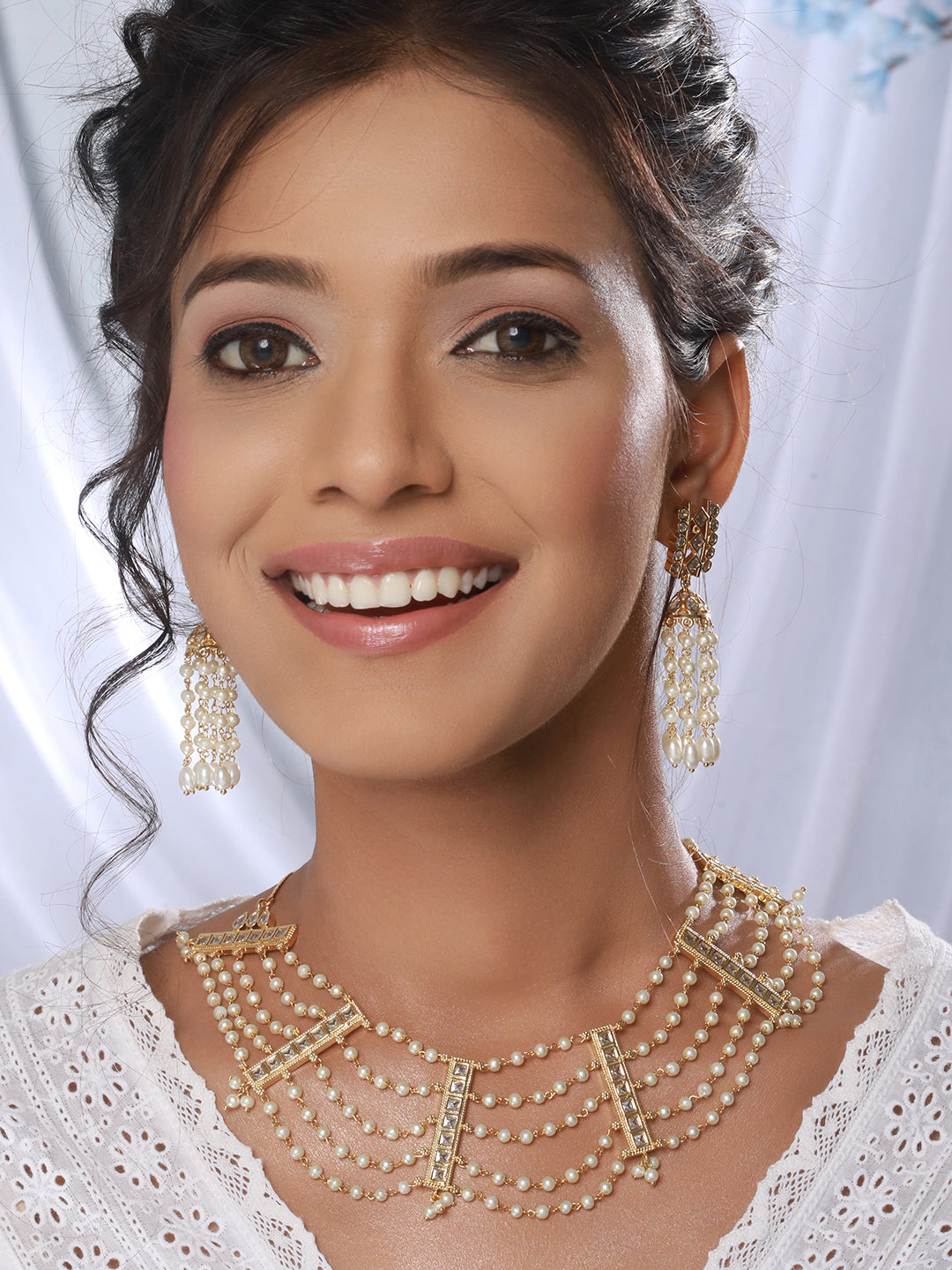 Gold Toned Pearl Beaded Minimal Choker Jewellery  Set