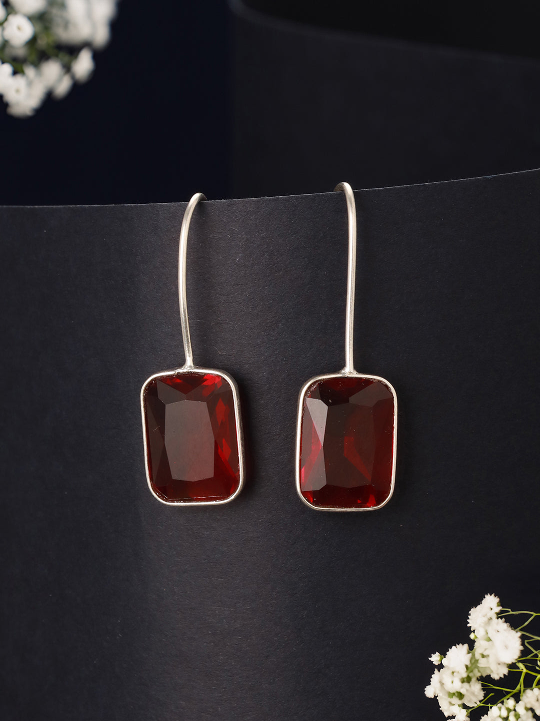 Silver Toned Oxidised Ruby Red Solitaire Minimal Fish Hook Earrings
