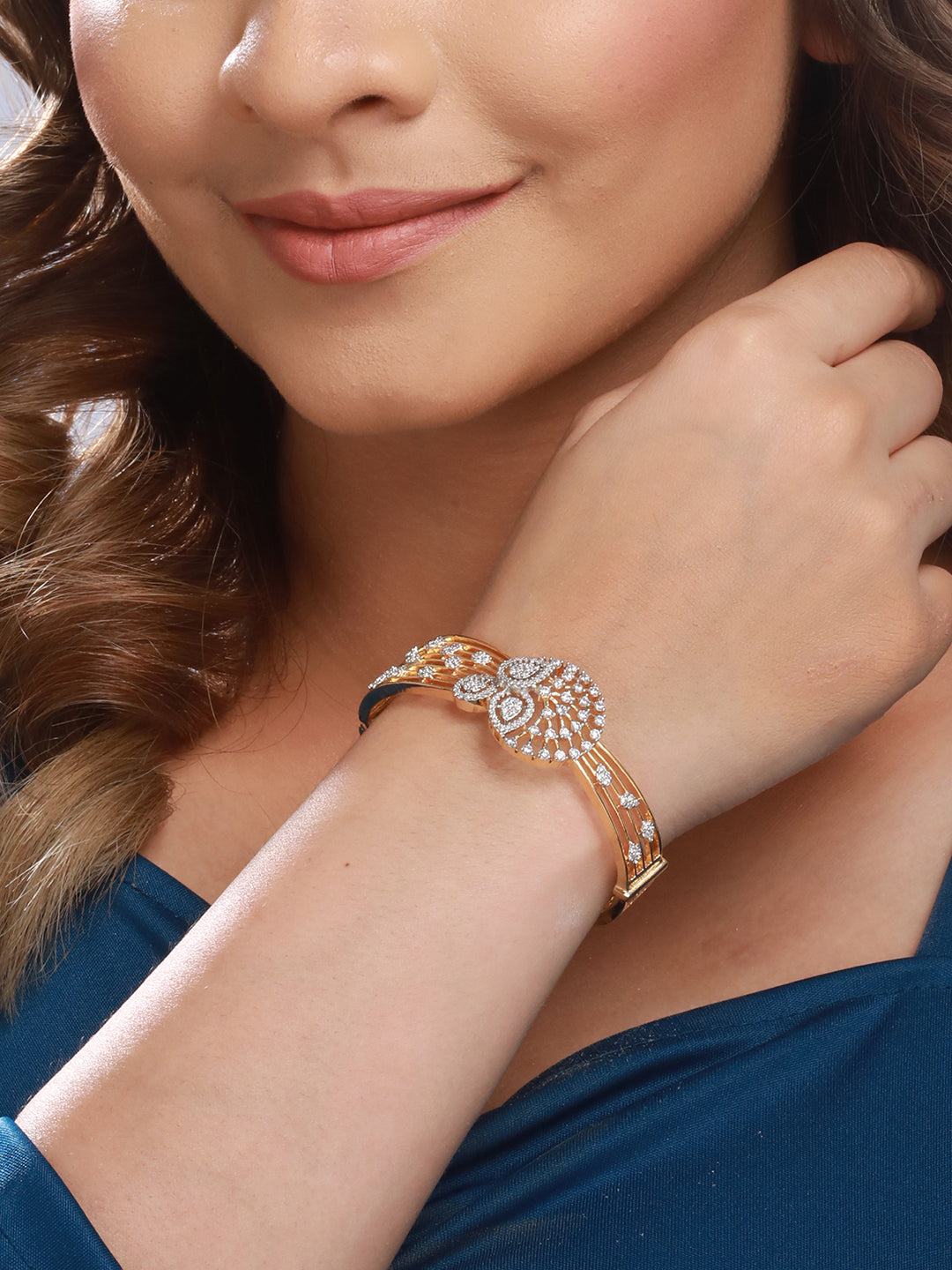 Gold Plated White Zircon Embellished Floral Statement Bangle Bracelet