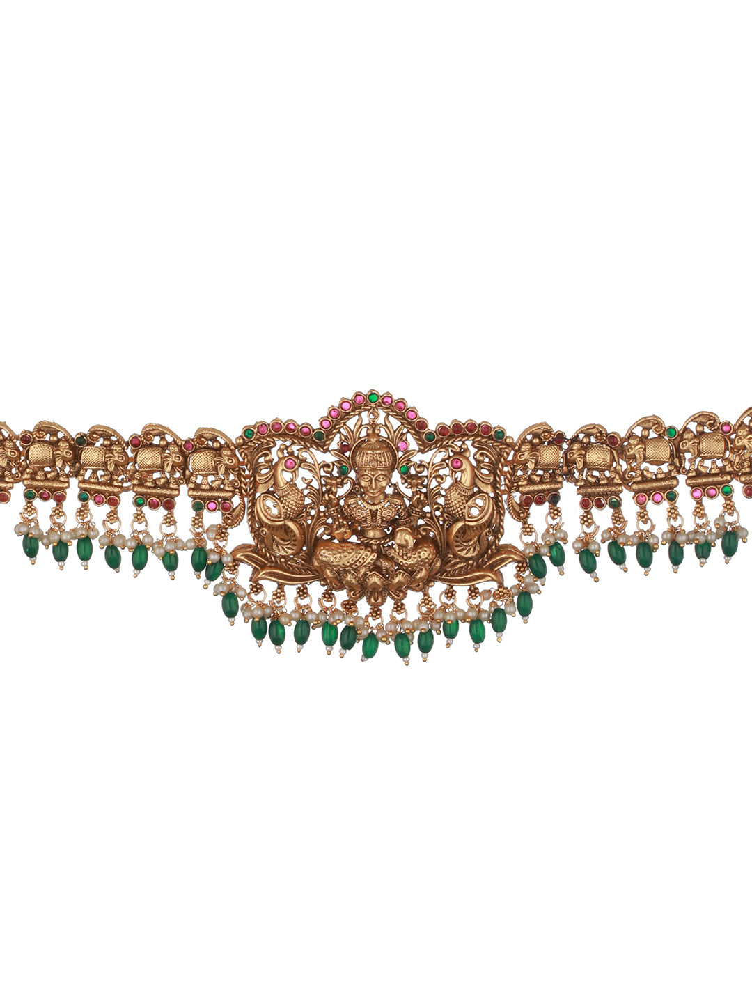 Matte Gold Plated Green Pearls Beaded Shri lakshmi Motif Bridal Hip Belt Kamarbandh