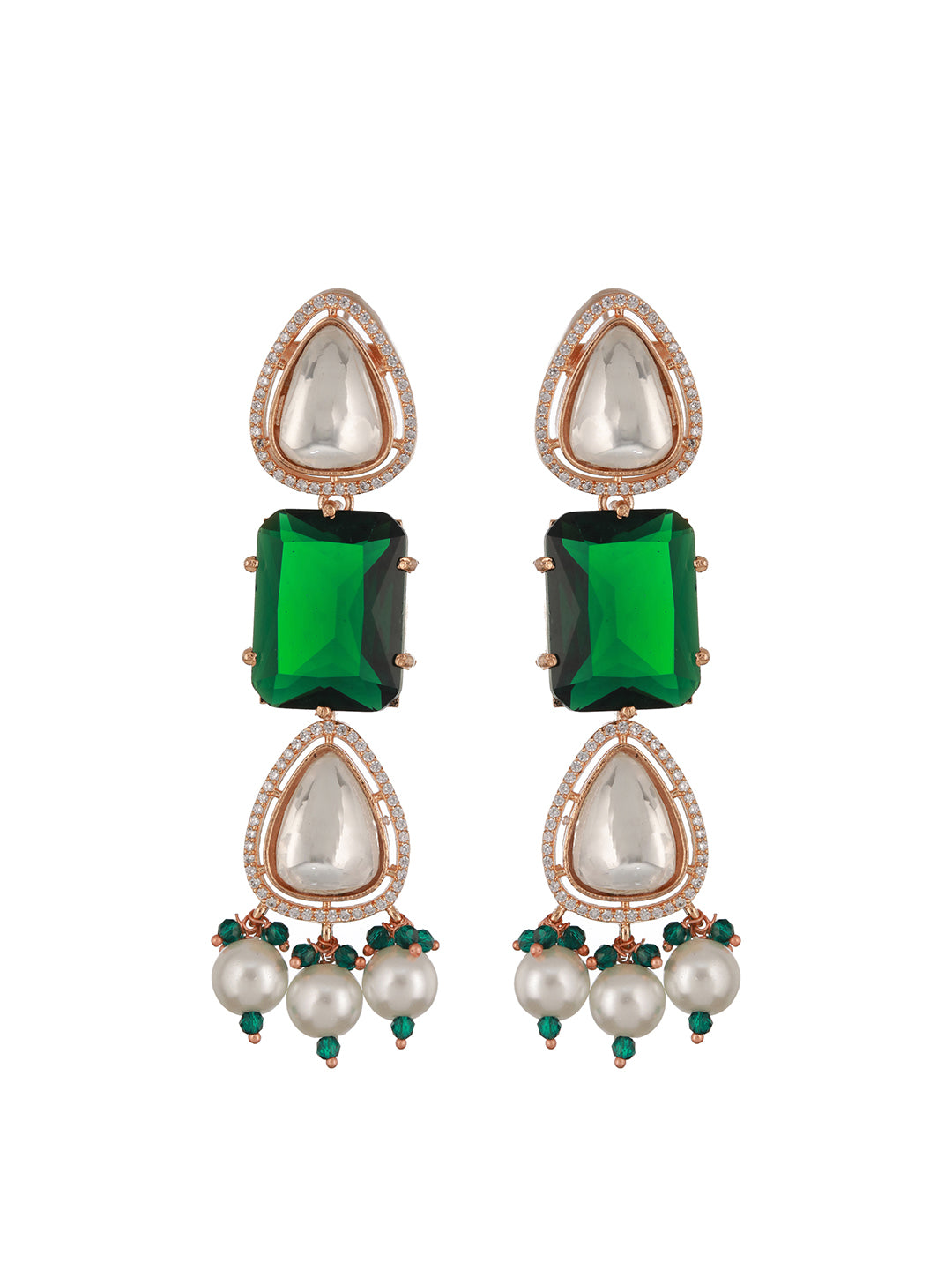 Gold Plated Emerald Green Ad & Original Kundan & Pearl Beaded Bridal Luxe Necklace Jewellery Set