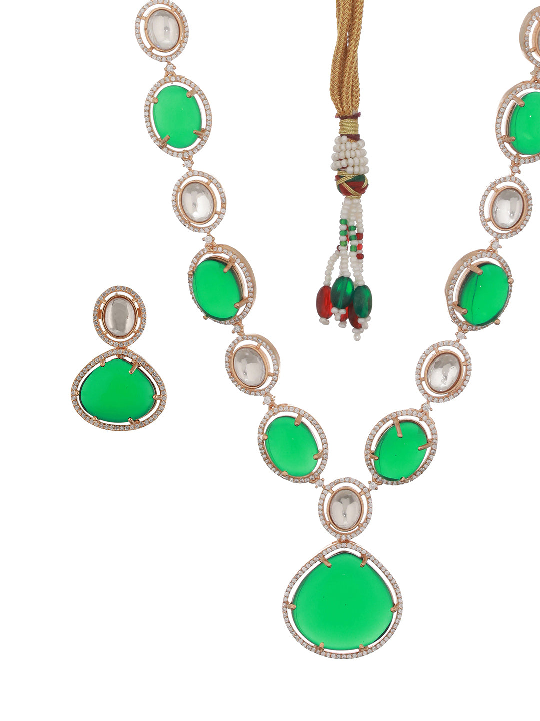 Gold Plated Emerald Green Kundan Studded Designer Luxe Bridal Jewellery  Set