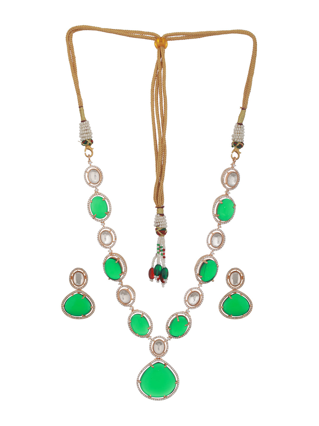 Gold Plated Emerald Green Kundan Studded Designer Luxe Bridal Jewellery  Set