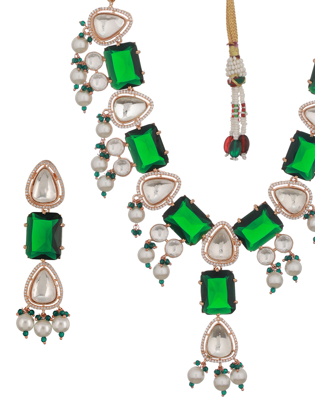 Gold Plated Emerald Green Ad & Original Kundan & Pearl Beaded Bridal Luxe Necklace Jewellery Set
