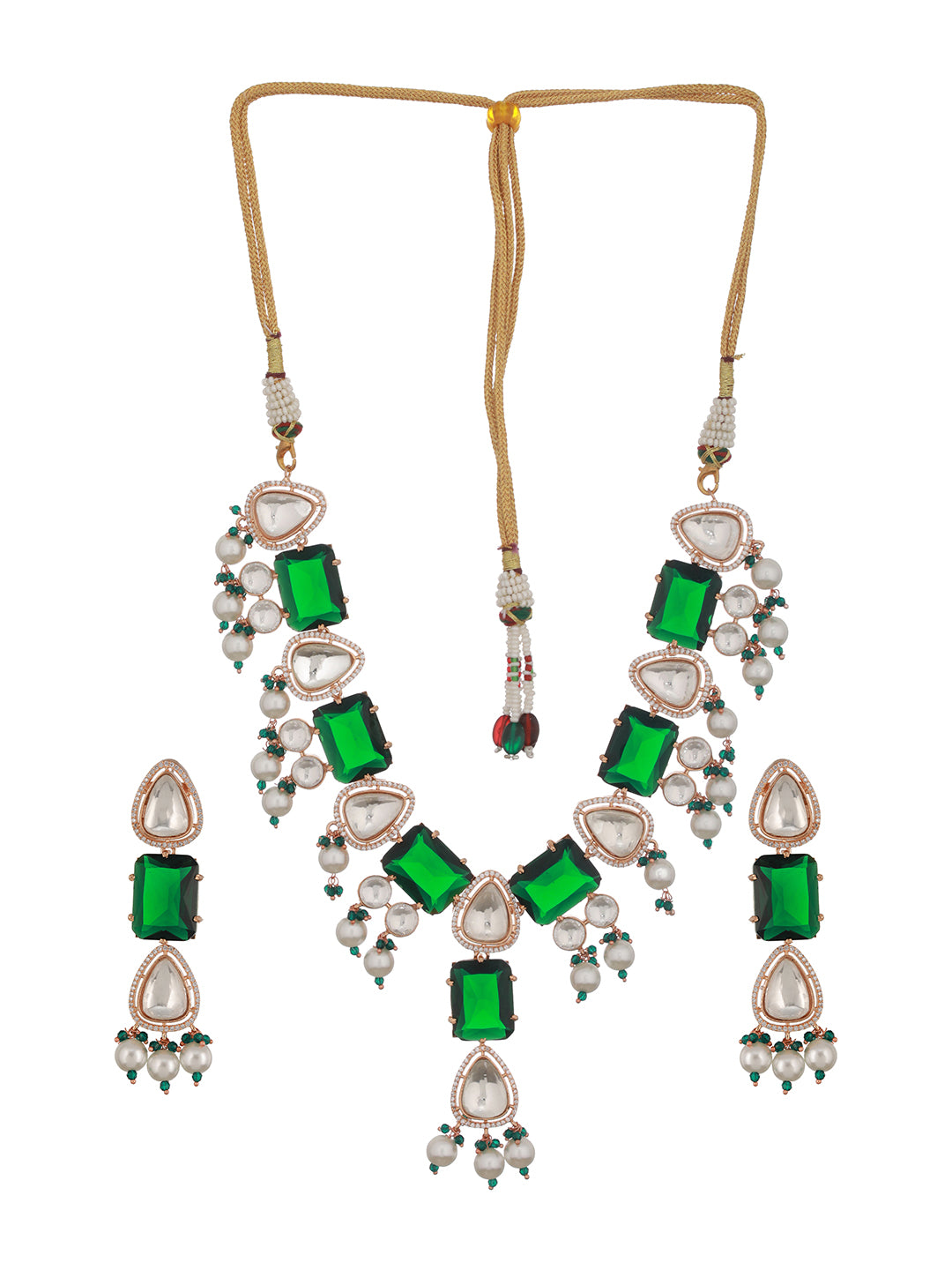 Gold Plated Emerald Green Ad & Original Kundan & Pearl Beaded Bridal Luxe Necklace Jewellery Set