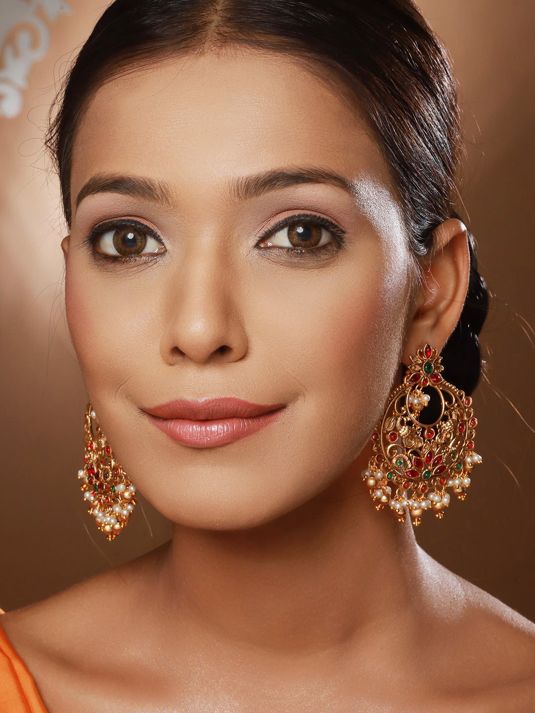 22k Gold Plated Red Kempo Temple Chandbali Earrings