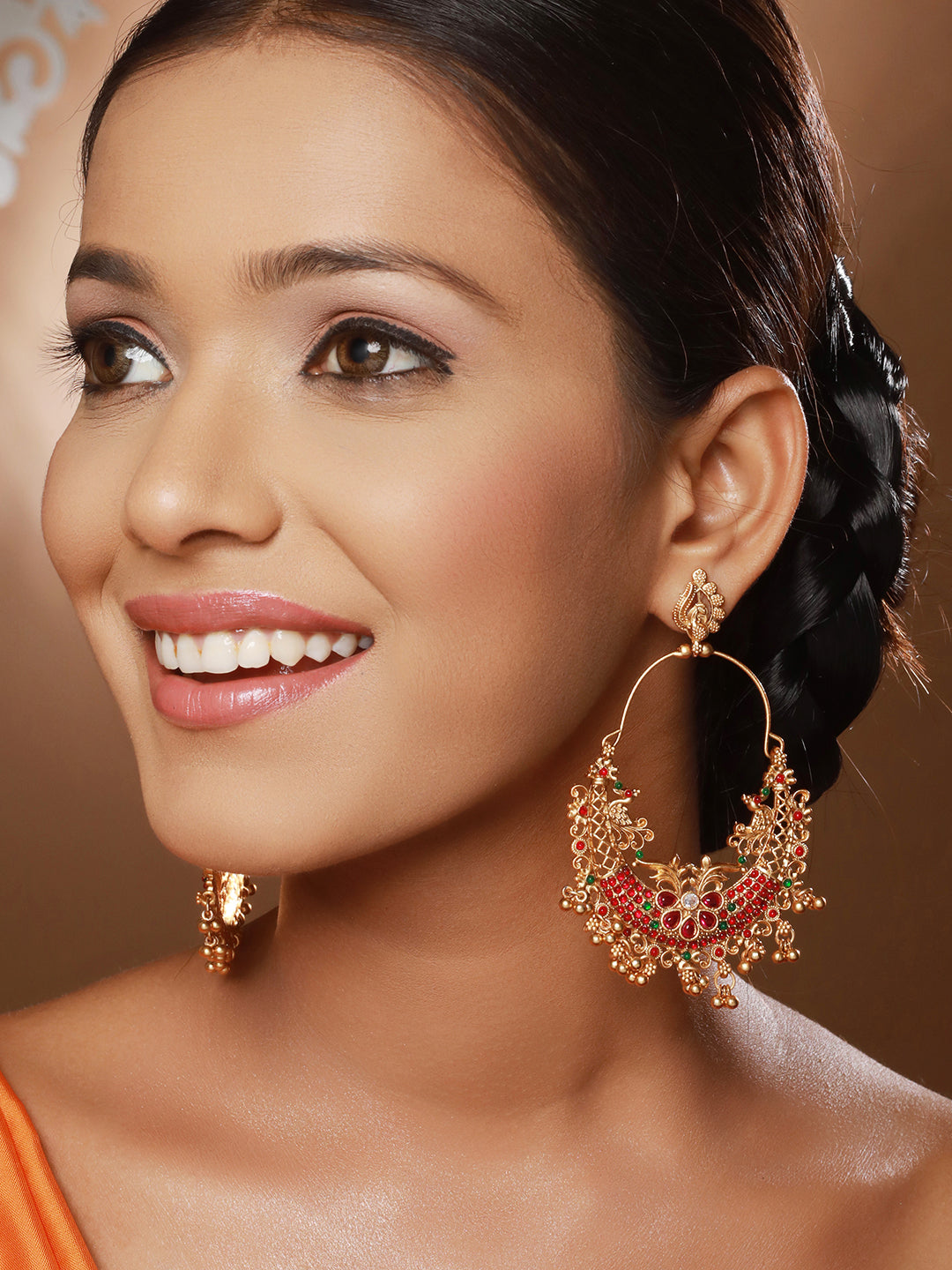 22k Gold Plated Multi Stone Studded & Beaded Temple Chandbali Earrings