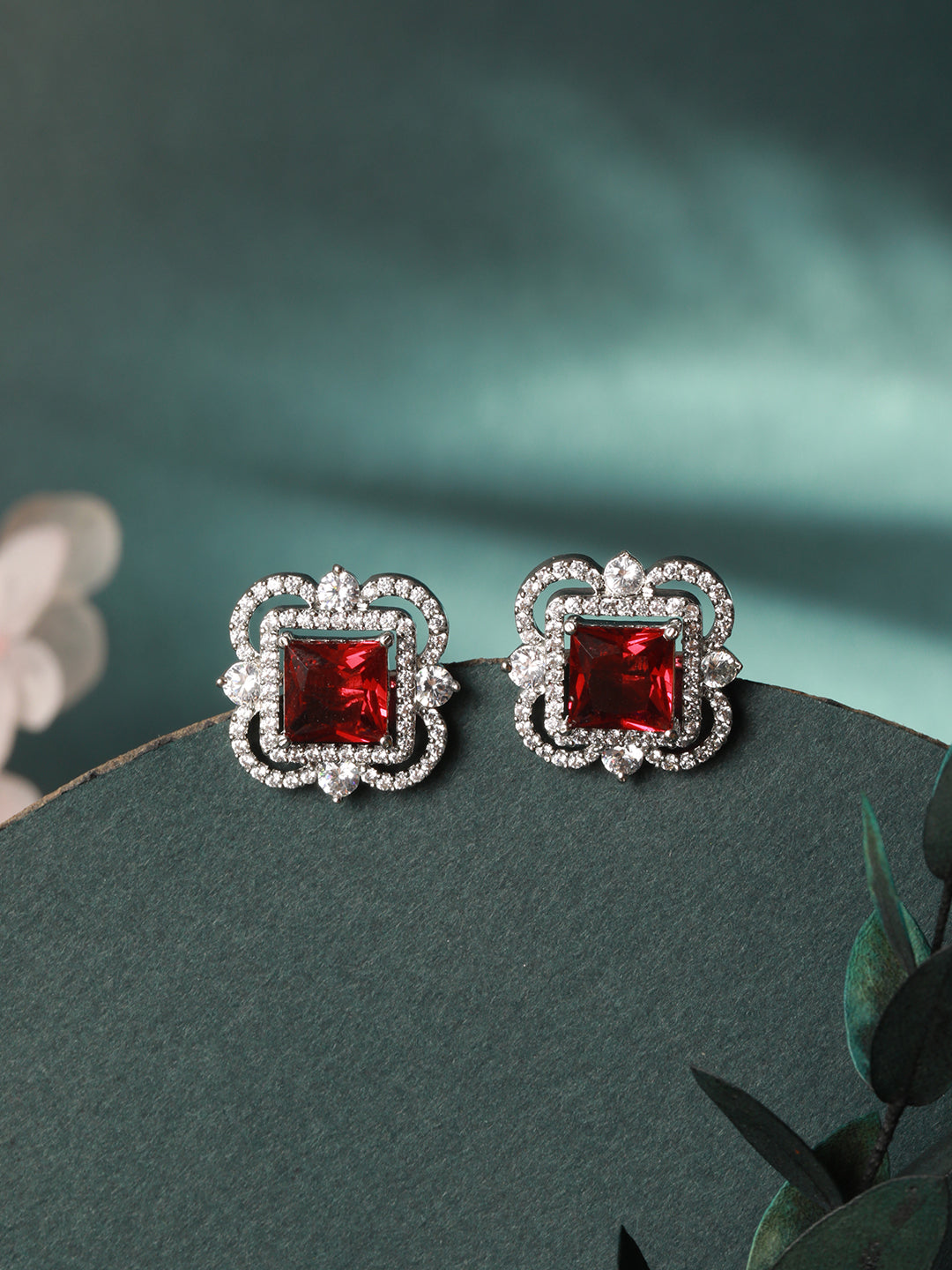 Silver Plated Red AD Studded Minimal Studs Earrings