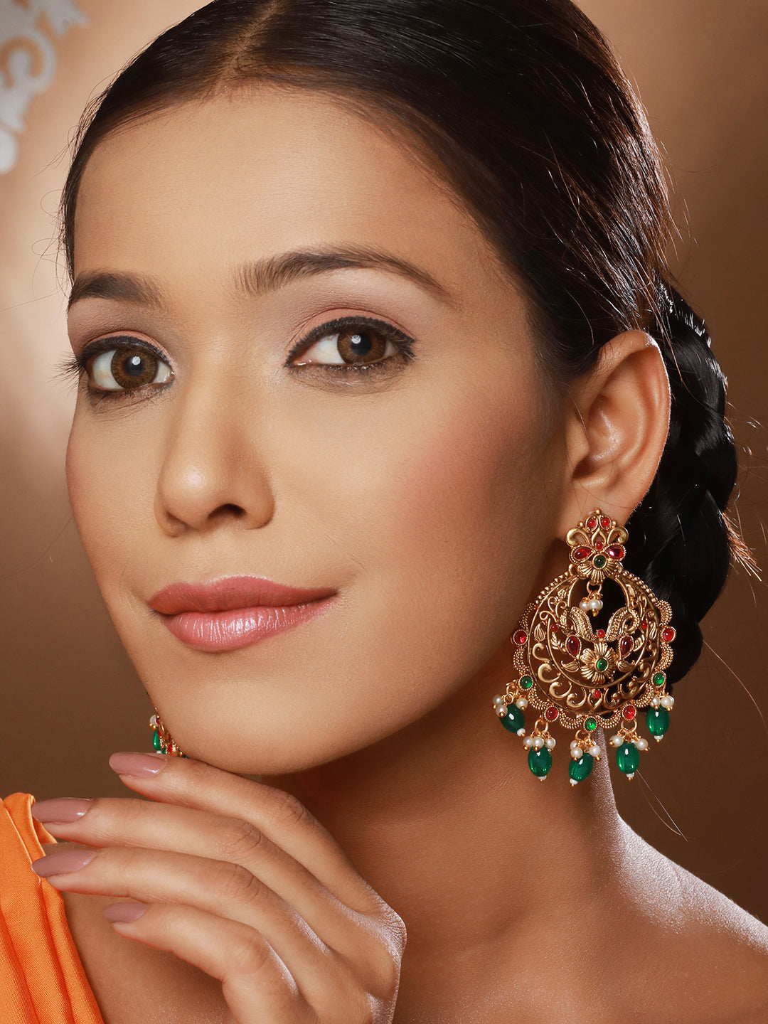 20K Gold Plated Red Stones Studded & Beaded Temple Chandbali Earrings