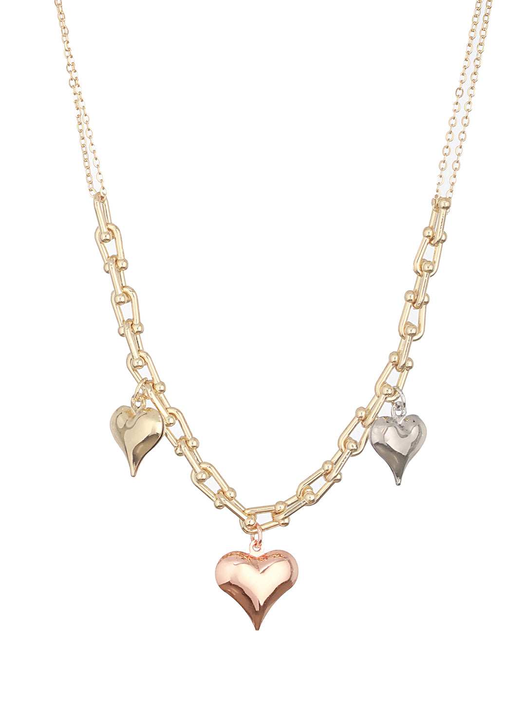 Anti-Tarnish Gold Plated 3 Toned Heart Shaped Chunky Link Chain Necklace