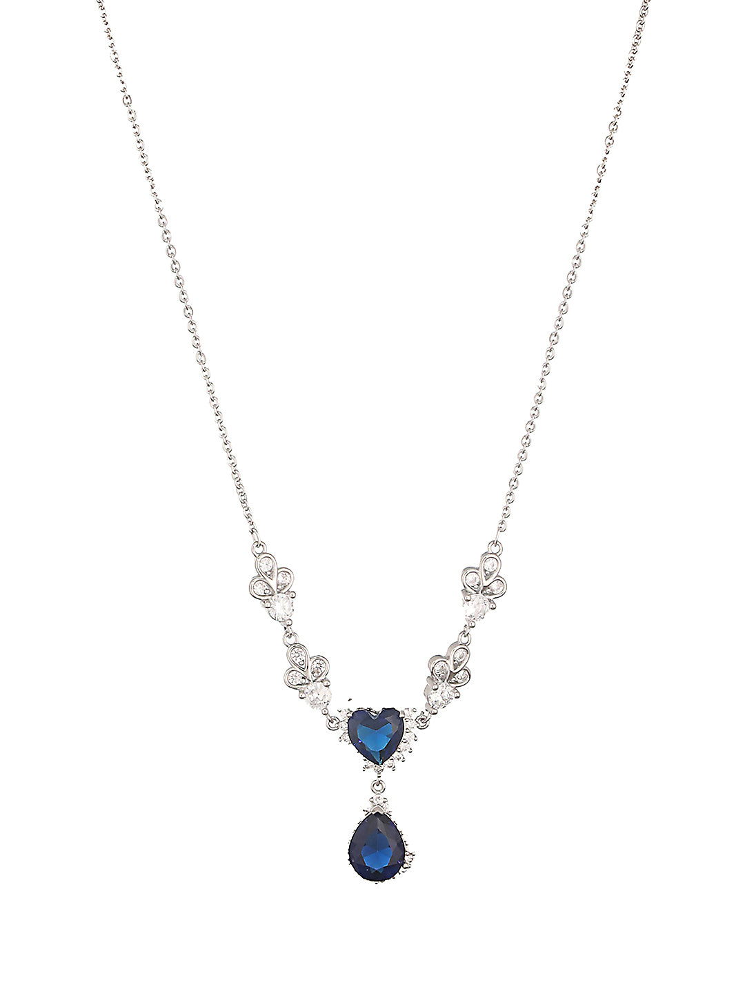 Anti-Tarnish Silver Plated Blue Sapphire AD Heart Shaped Minimal  Pendant Chain Necklace