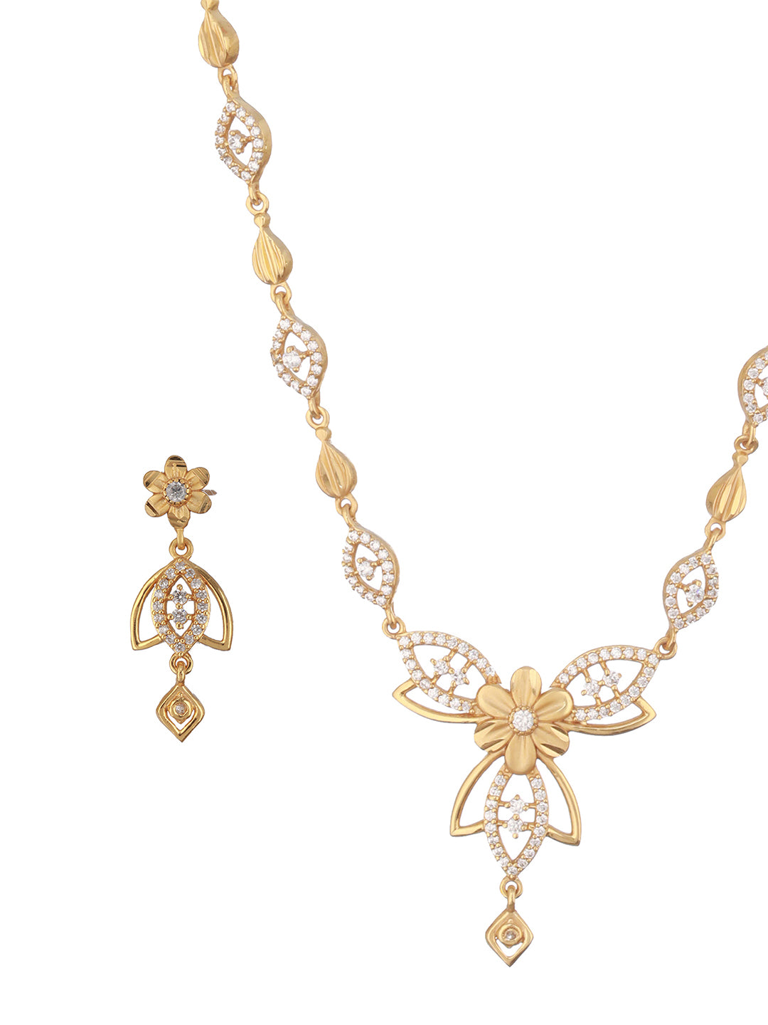 Gold Plated CZ Studded Floral Pendant Minimal Necklace Jewellery  Set