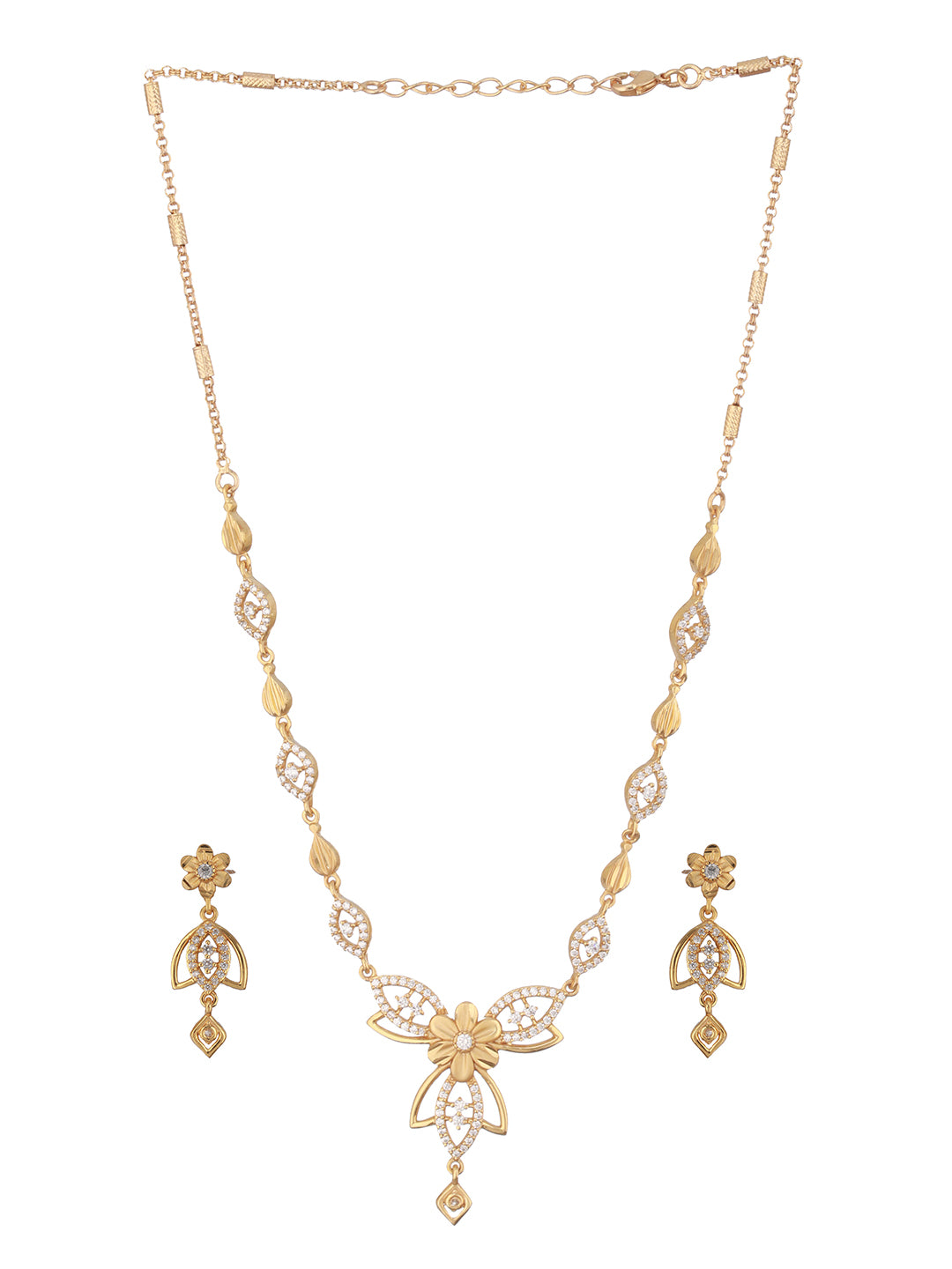 Gold Plated CZ Studded Floral Pendant Minimal Necklace Jewellery  Set