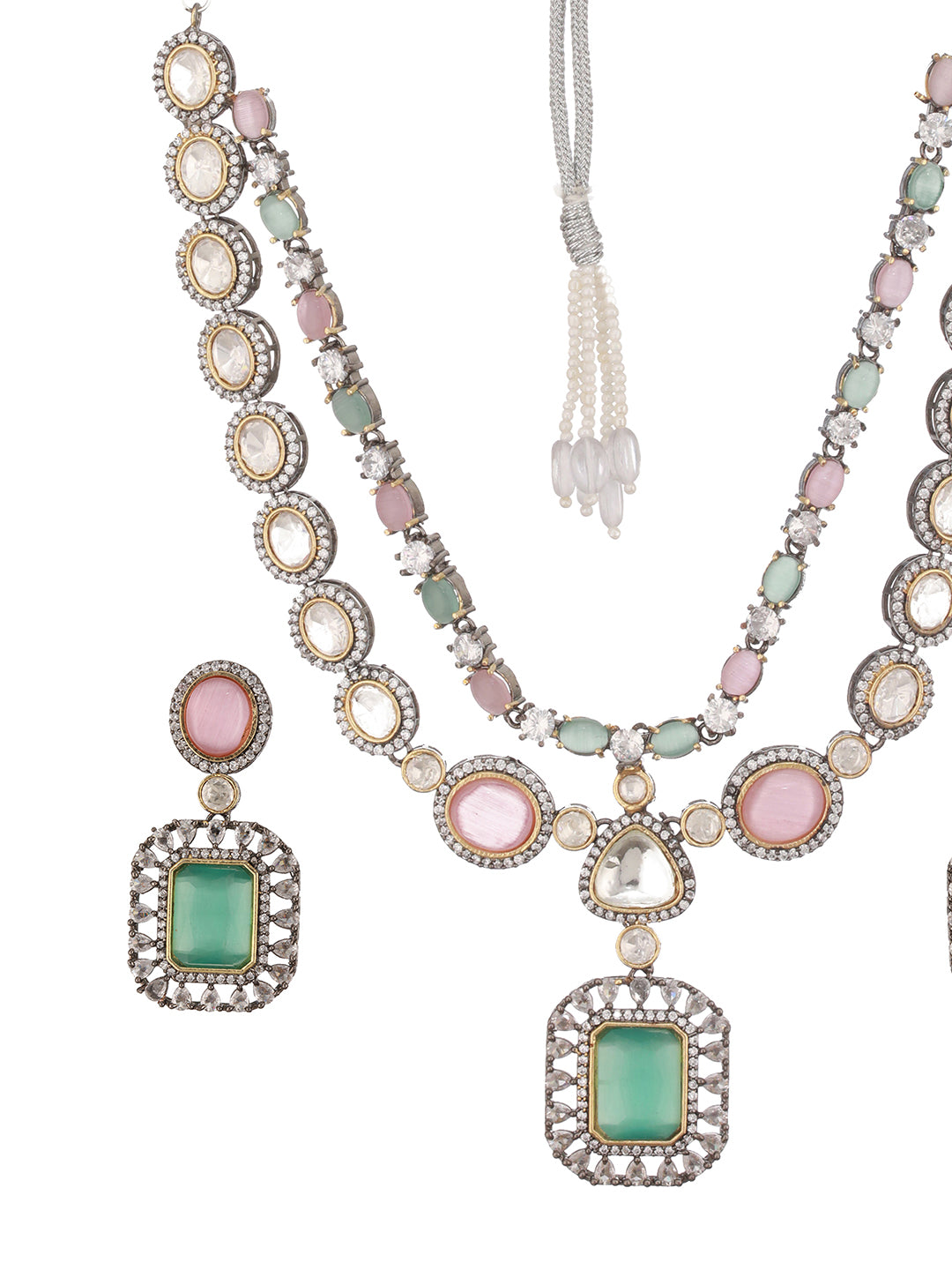 Gold Toned Pink & Mint Kundan Studded Double Lined Bridal Jewellery  Set