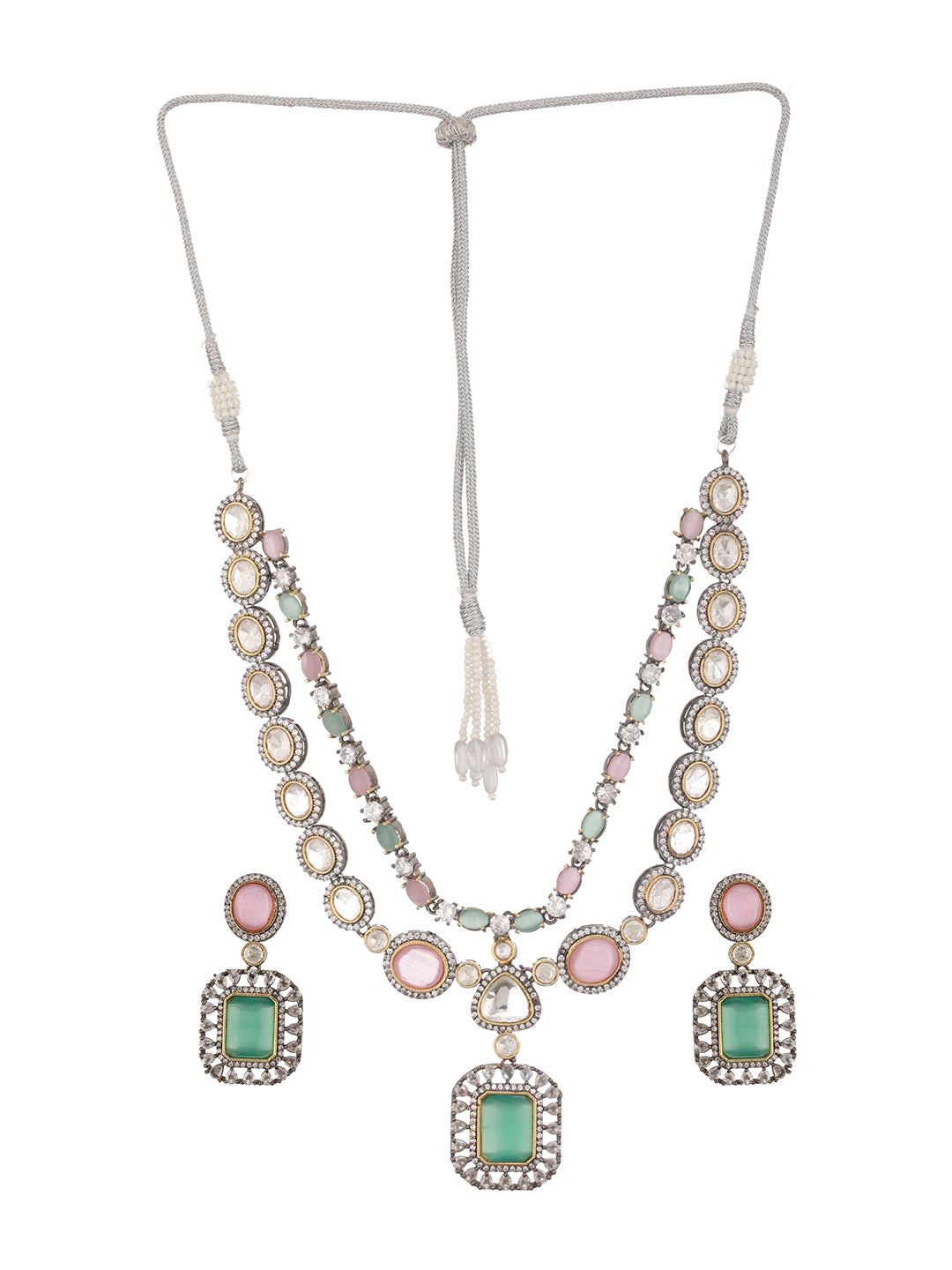 Gold Toned Pink & Mint Kundan Studded Double Lined Bridal Jewellery  Set