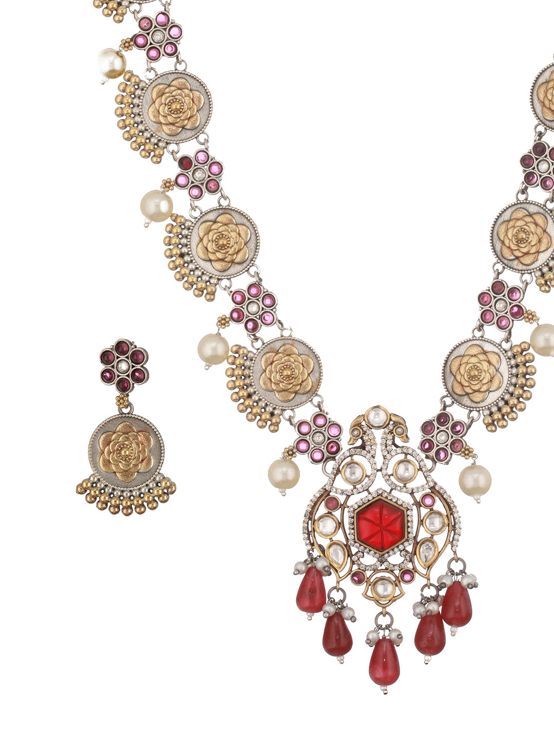 Dual Toned Silver Oxidised  Maroon Pearl Beaded Floral Statement jewellery  Set