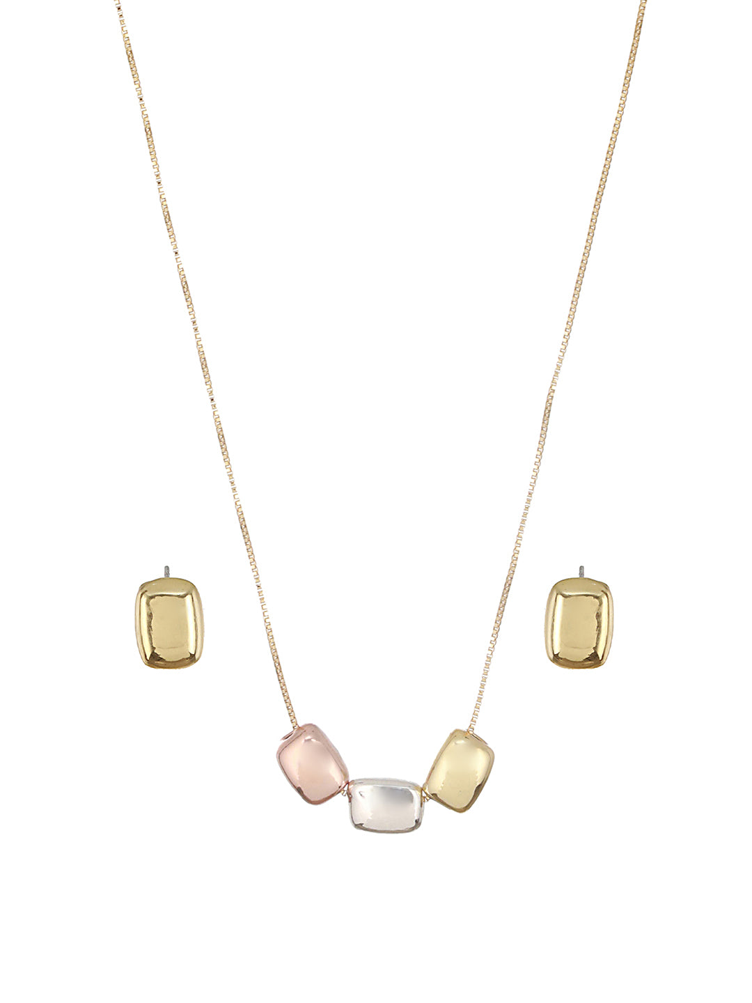 Anti-Tarnish Gold Plated Triple Toned Block Shaped Chunky Minimal Locket Jewellery Set