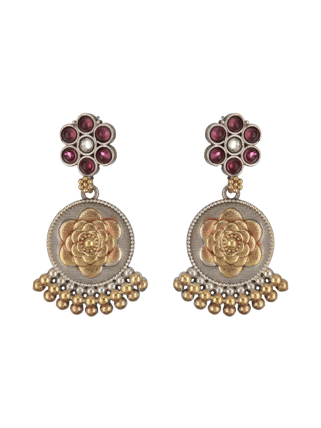 Dual Toned Silver Oxidised  Maroon Pearl Beaded Floral Statement jewellery  Set