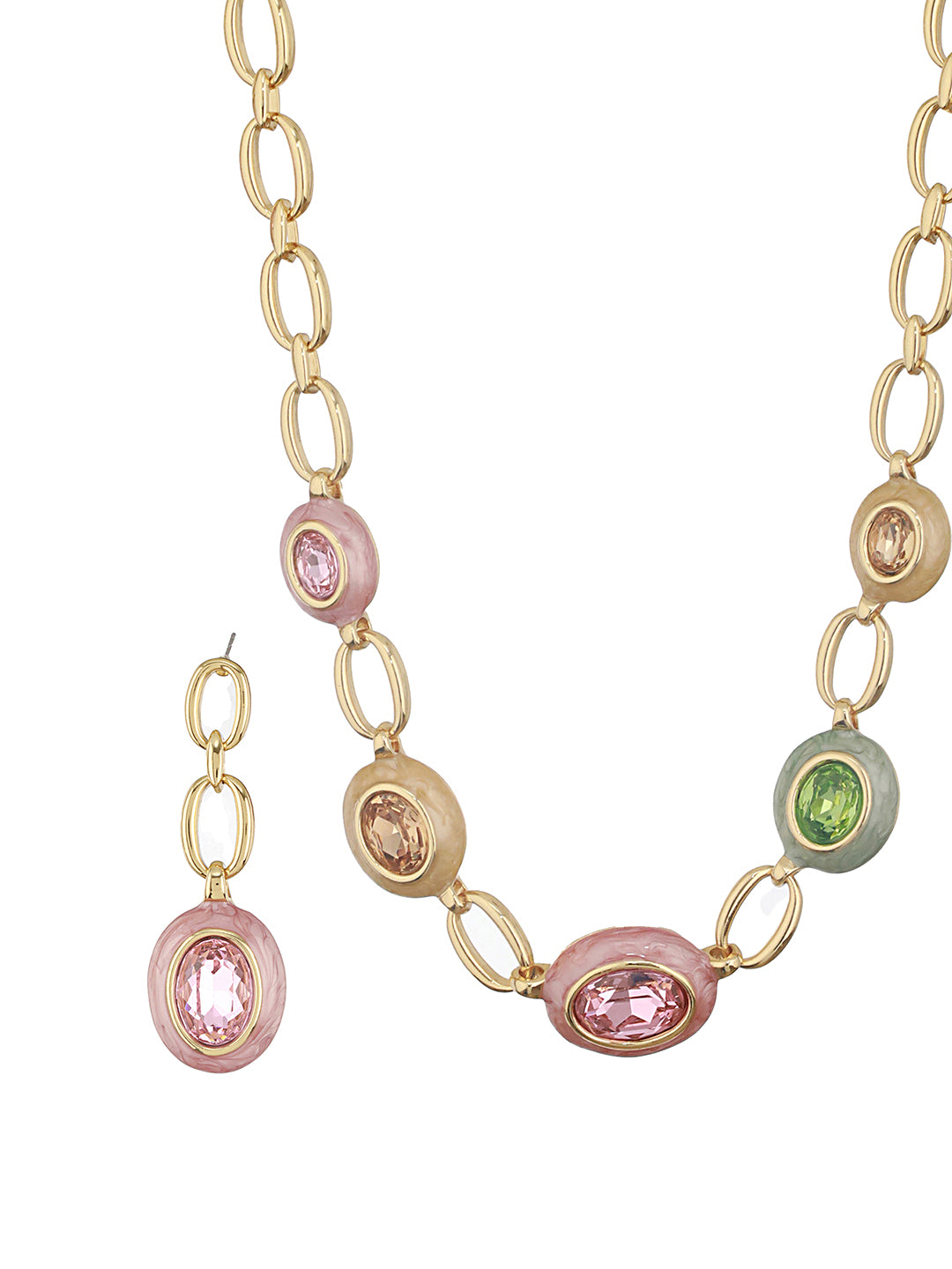 Anti-Tarnish Gold Plated Crystal Studded Link Chain Necklace jewellery Set