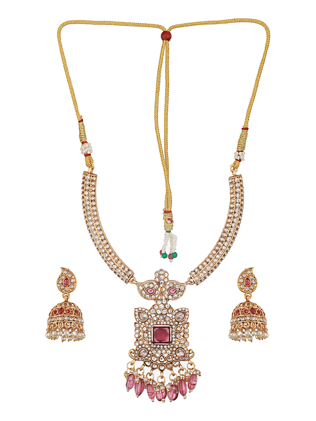 Gold Plated Red  Zircon & Pearl Beaded Floral  Pipe Pendant Jewellery  Set With Jhumka