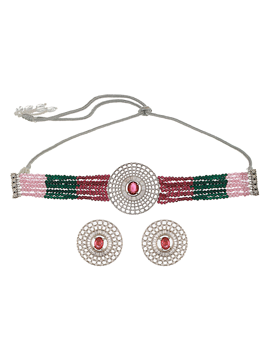 Silver Plated Ruby Red Studded Pearl Beaded Studds Earrings With Choker Jewellery Set