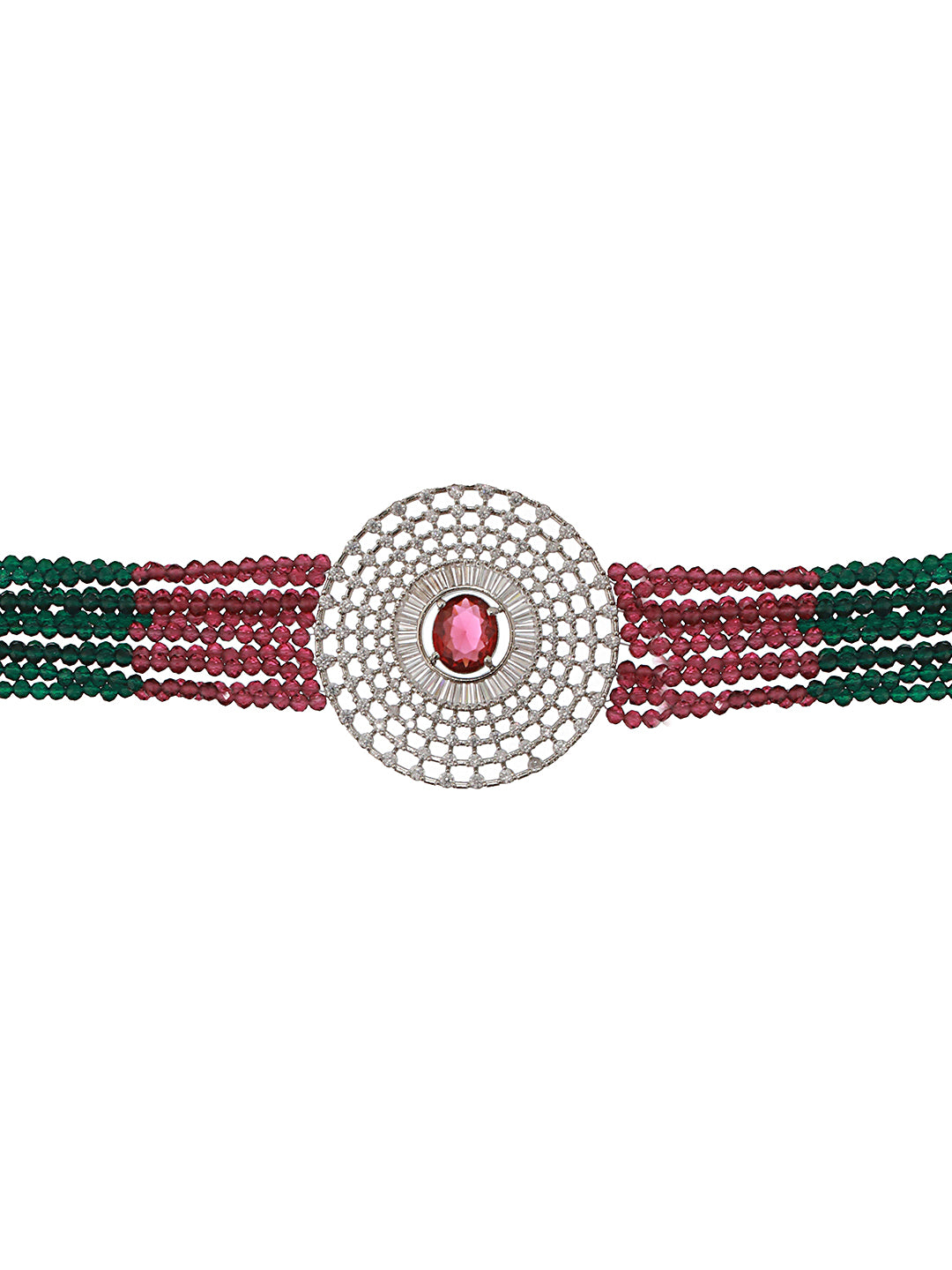 Silver Plated Ruby Red Studded Pearl Beaded Studds Earrings With Choker Jewellery Set