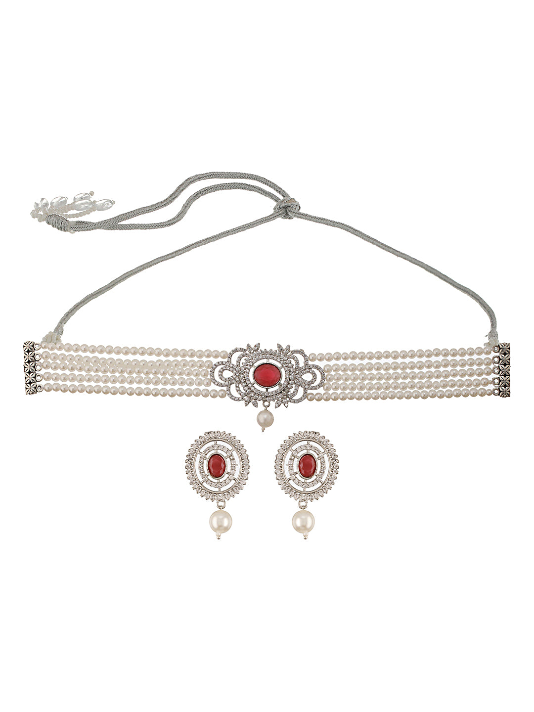 Silver Toned Red Ruby Studded Pearl Beaded Choker Jewellery Set