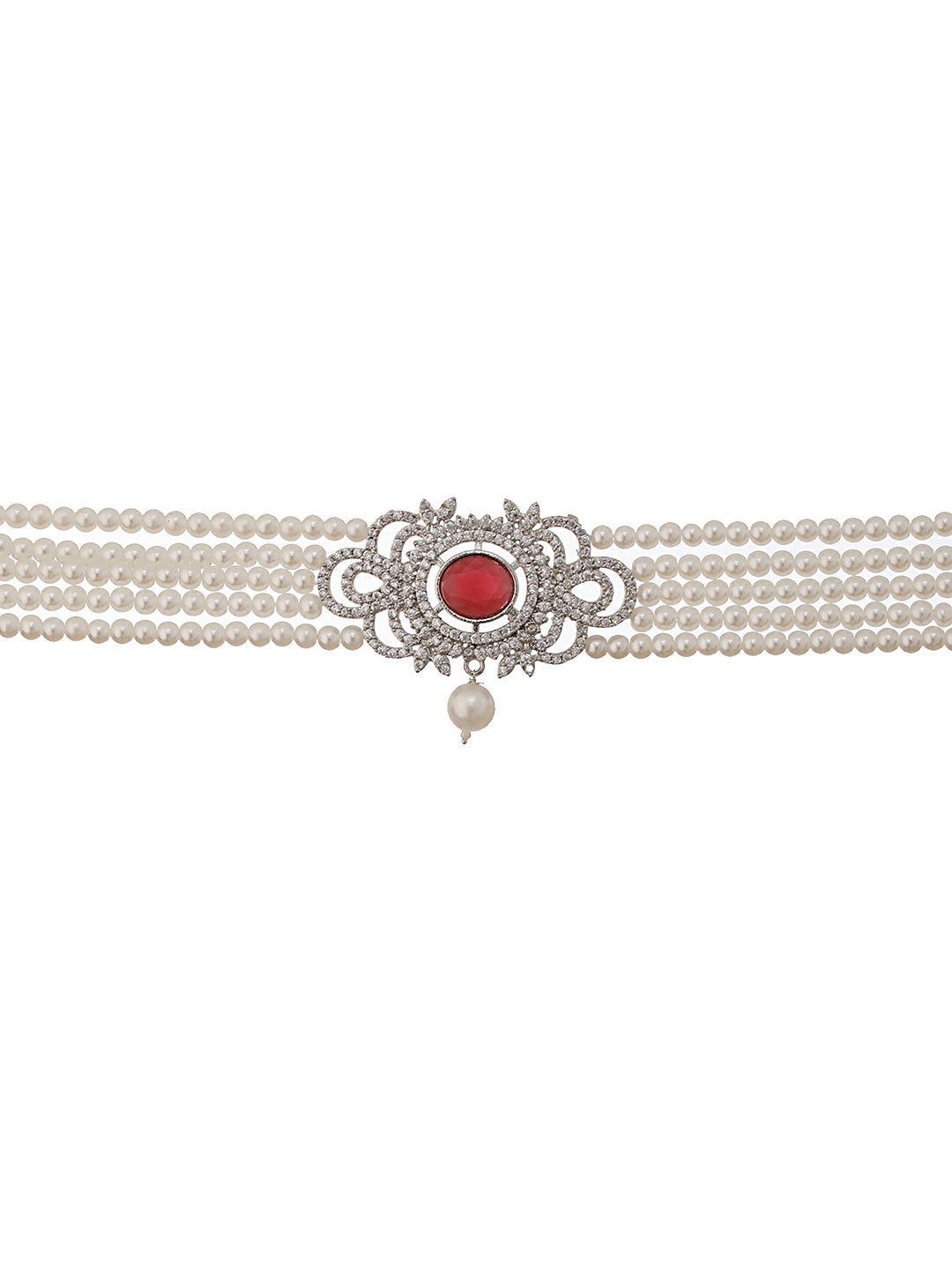 Silver Toned Red Ruby Studded Pearl Beaded Choker Jewellery Set