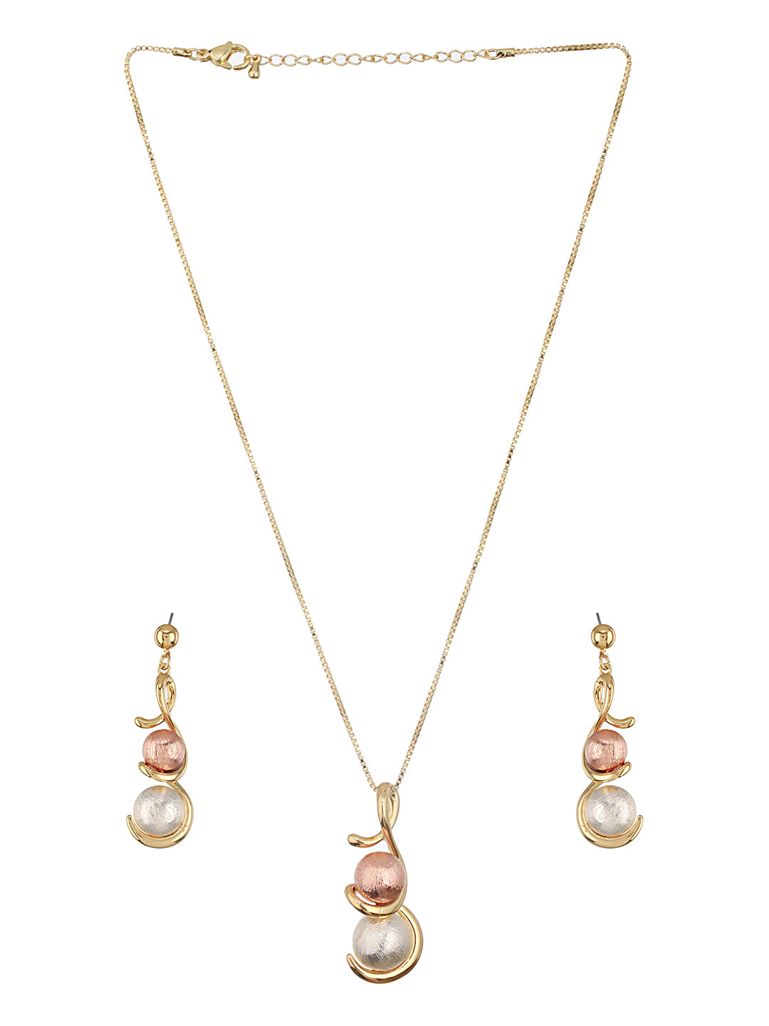Anti-Tarnish Rose Gold & Silver Toned Twisted Ball Locket & Earrings Jewellery Set